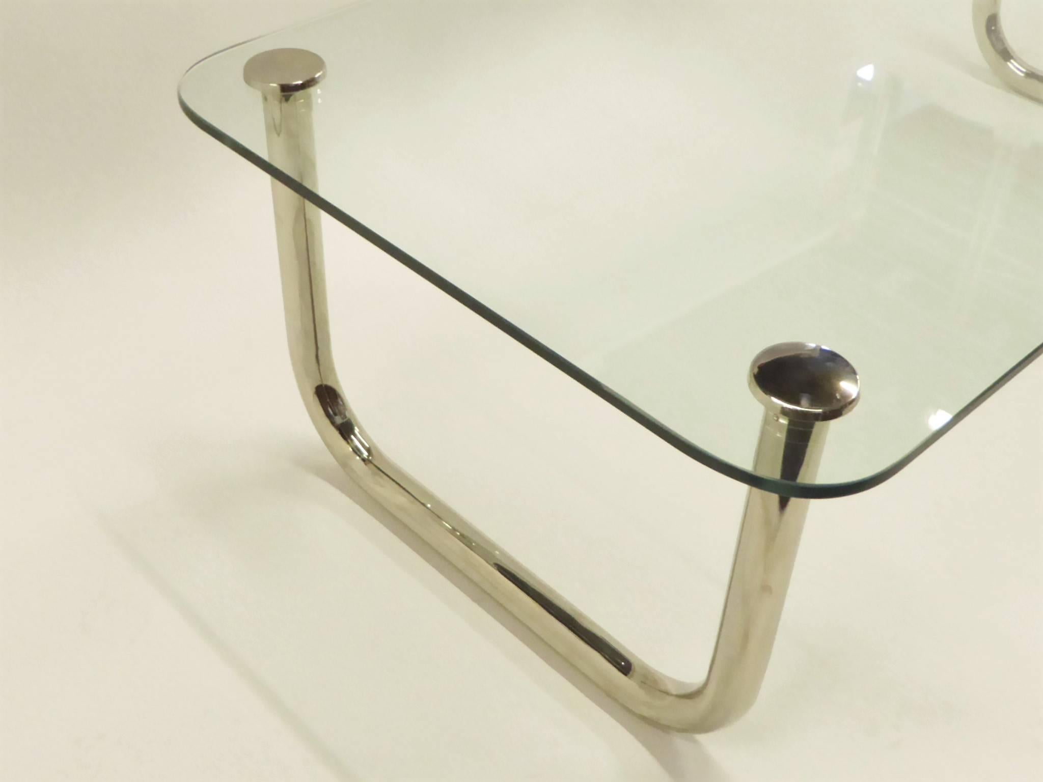 1960s Long Mascheroni Style Glass and Nickel Chrome Sled Leg Coffee Table 3