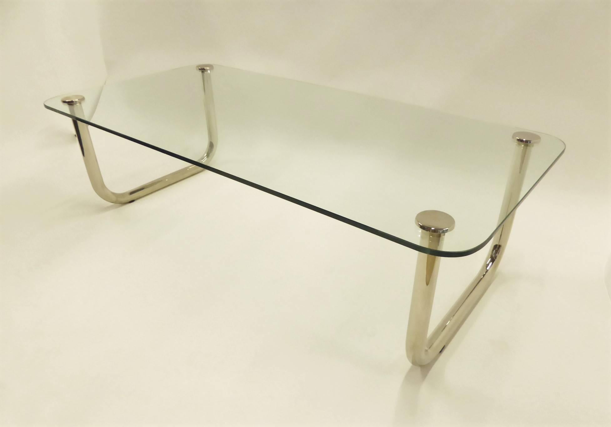 1960s Long Mascheroni Style Glass and Nickel Chrome Sled Leg Coffee Table 4