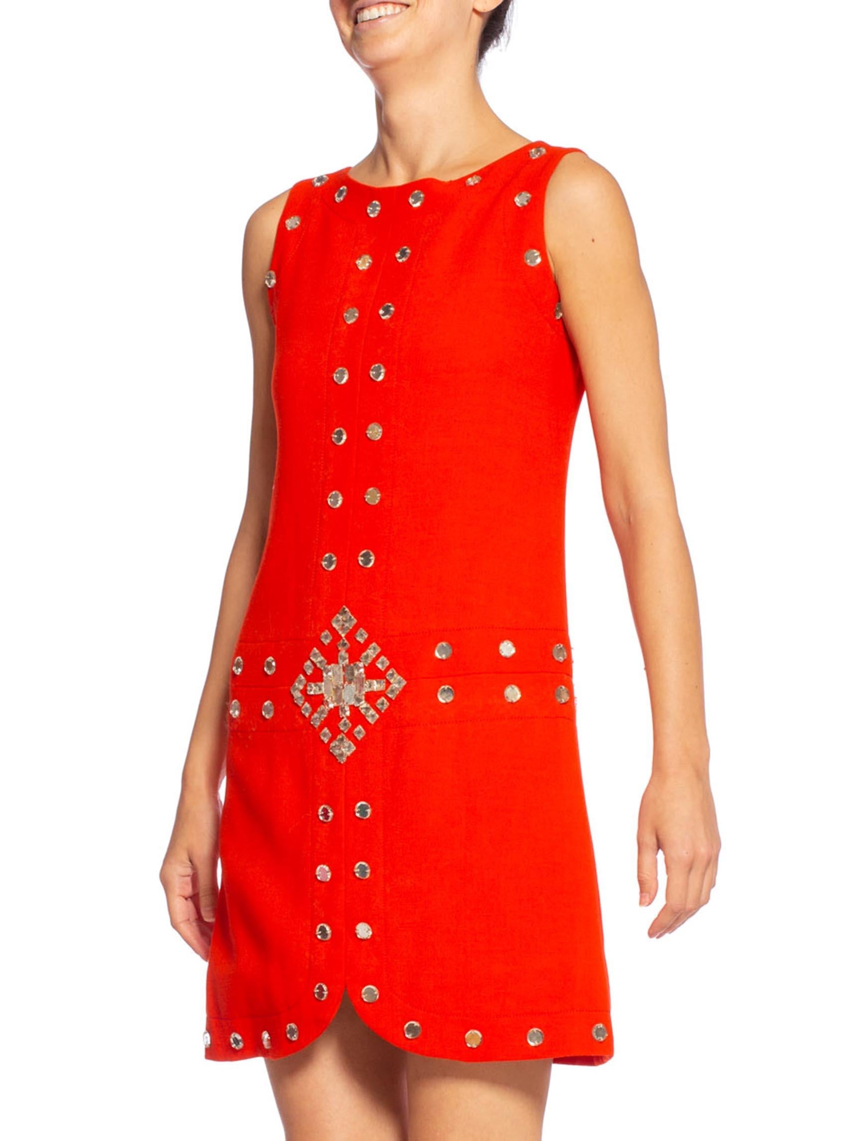 1960'S AZZARO Coral Red Haute Couture Wool Crepe Mod Cocktail Dress With Antiqu In Excellent Condition In New York, NY