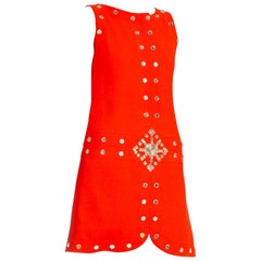 1960'S AZZARO Coral Red Haute Couture Wool Crepe Mod Cocktail Dress With Antiqu