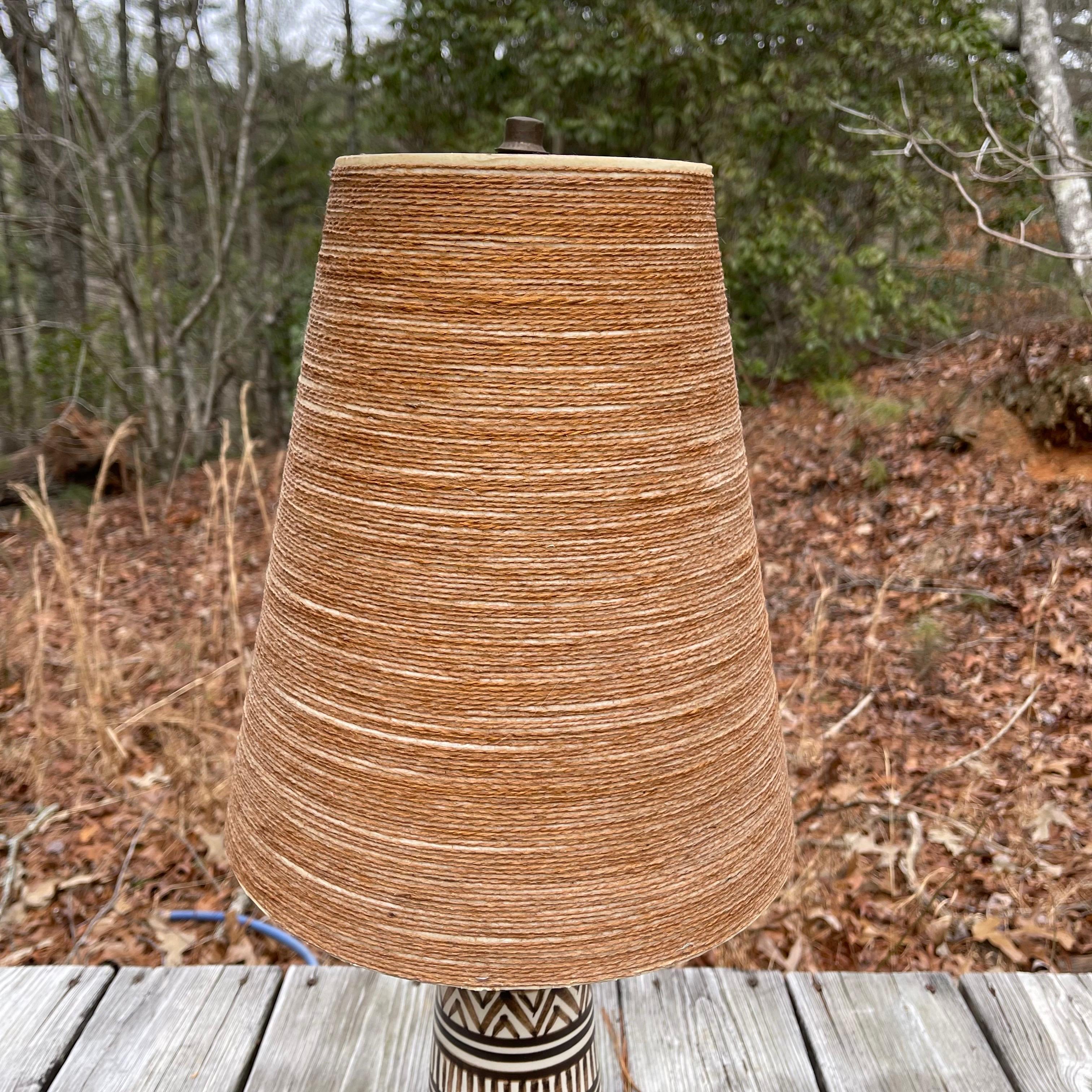 1960s Lotte Bostlund Tribal Ceramic Table Lamp, Original Fiberglass Shade  For Sale 2