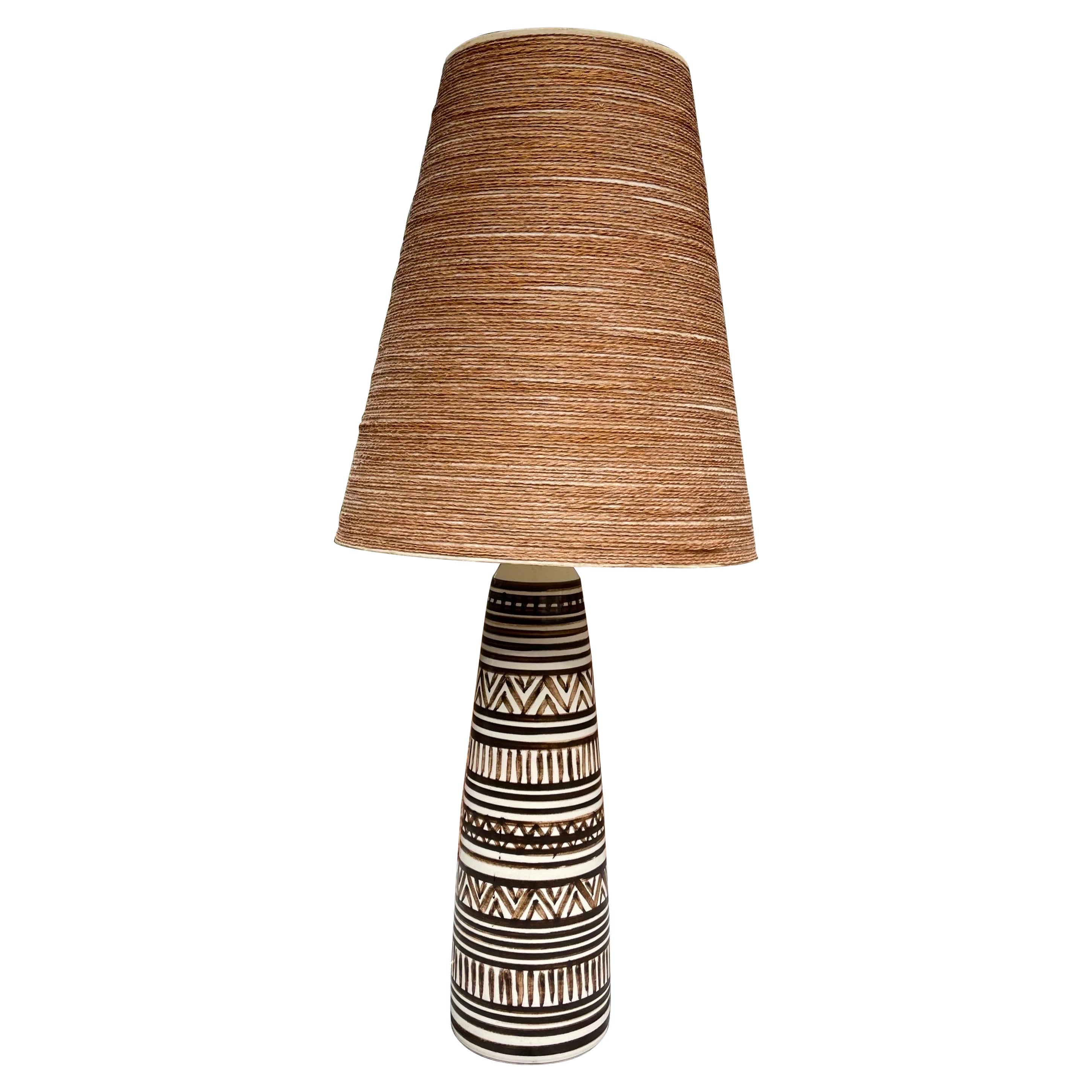 1960s Lotte Bostlund Tribal Ceramic Table Lamp, Original Fiberglass Shade