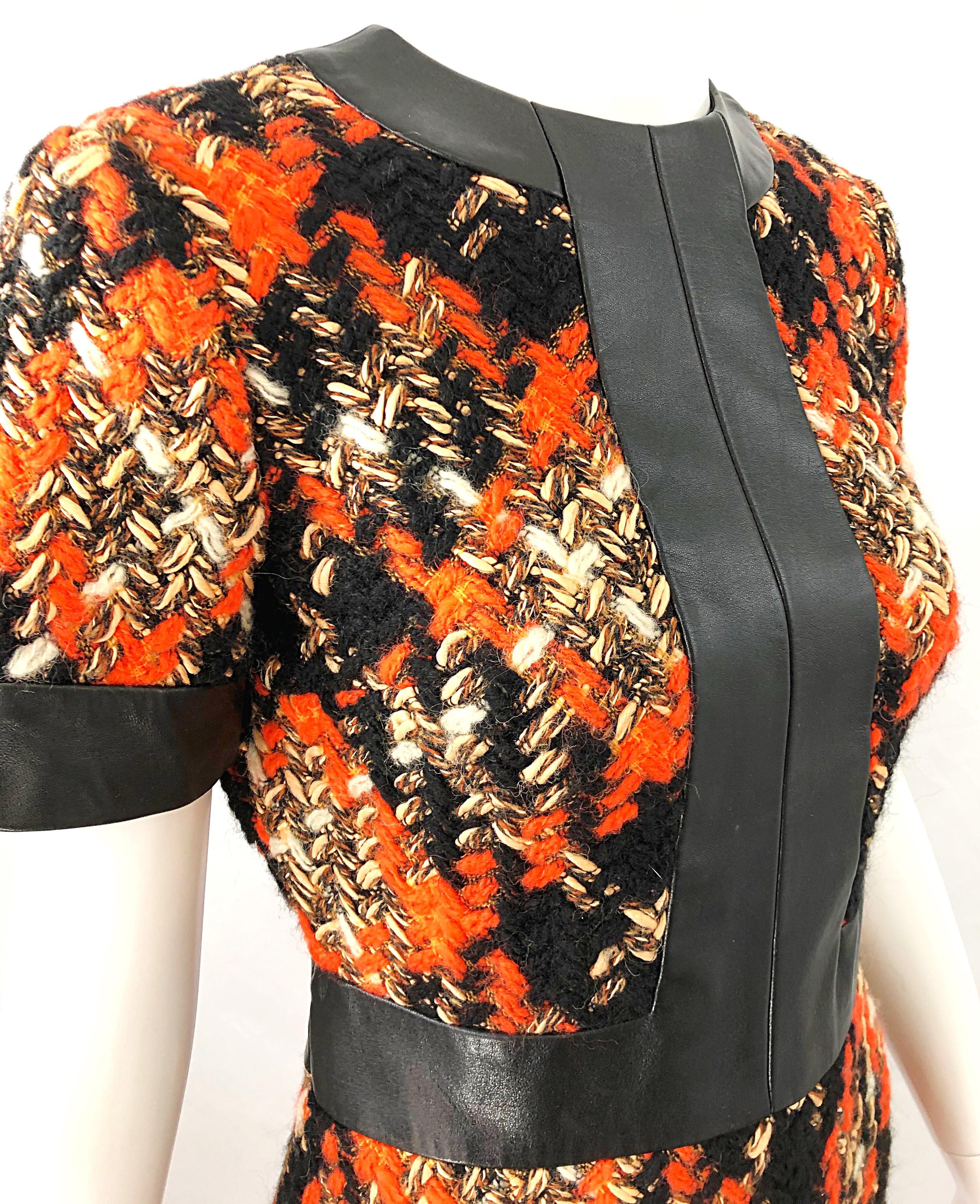 1960s Louis Feraud Haute Couture Boucle Wool + Leather Orange A - Line 60s Dress For Sale 2