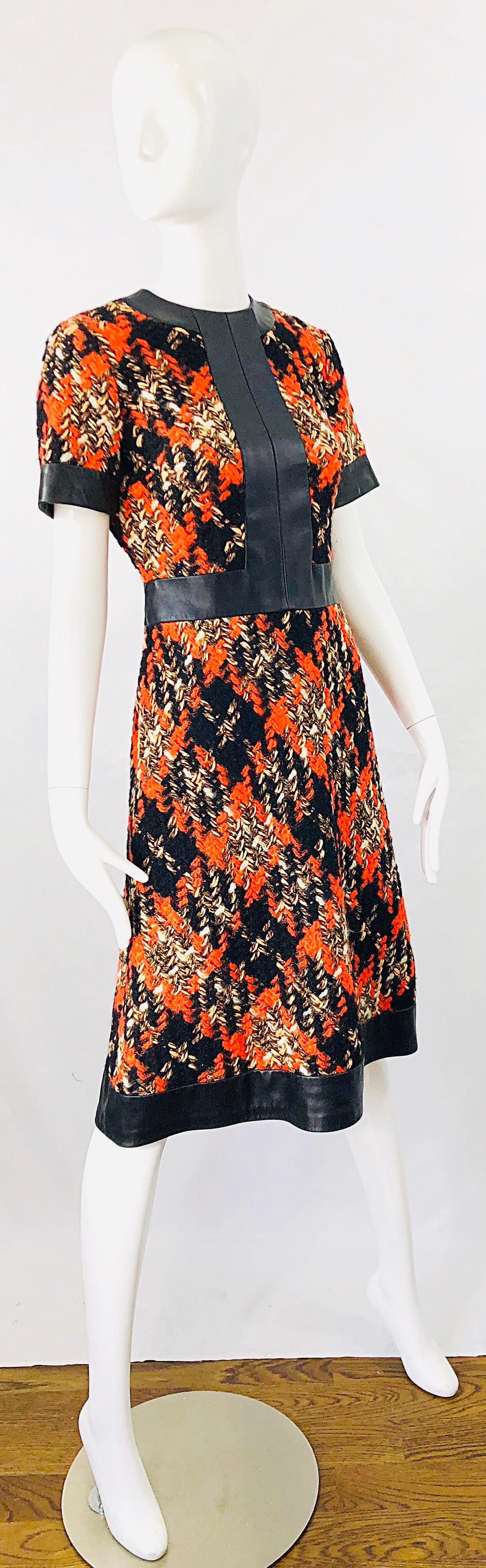 1960s Louis Feraud Haute Couture Boucle Wool + Leather Orange A - Line 60s Dress For Sale 3