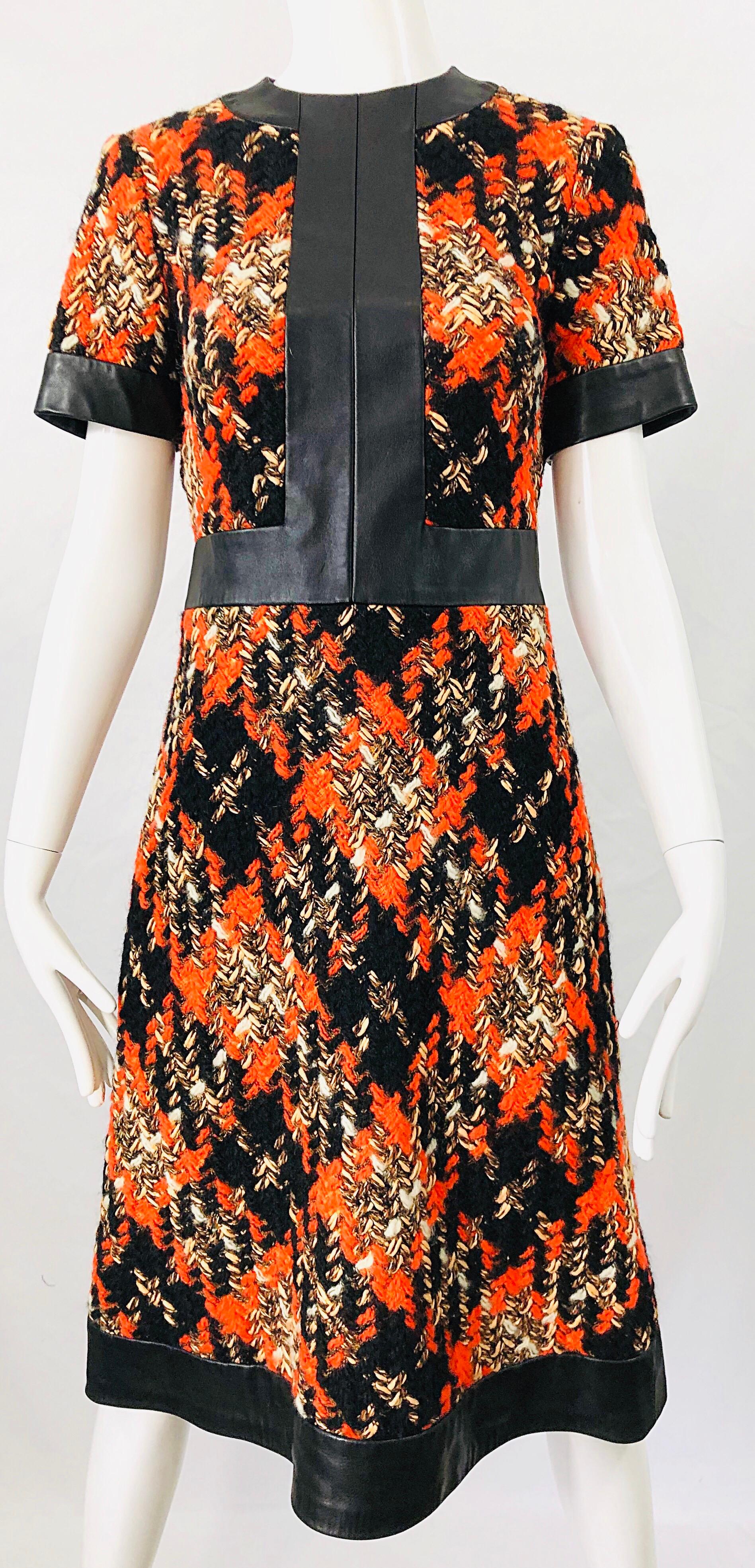 1960s Louis Feraud Haute Couture Boucle Wool + Leather Orange A - Line 60s Dress For Sale 4
