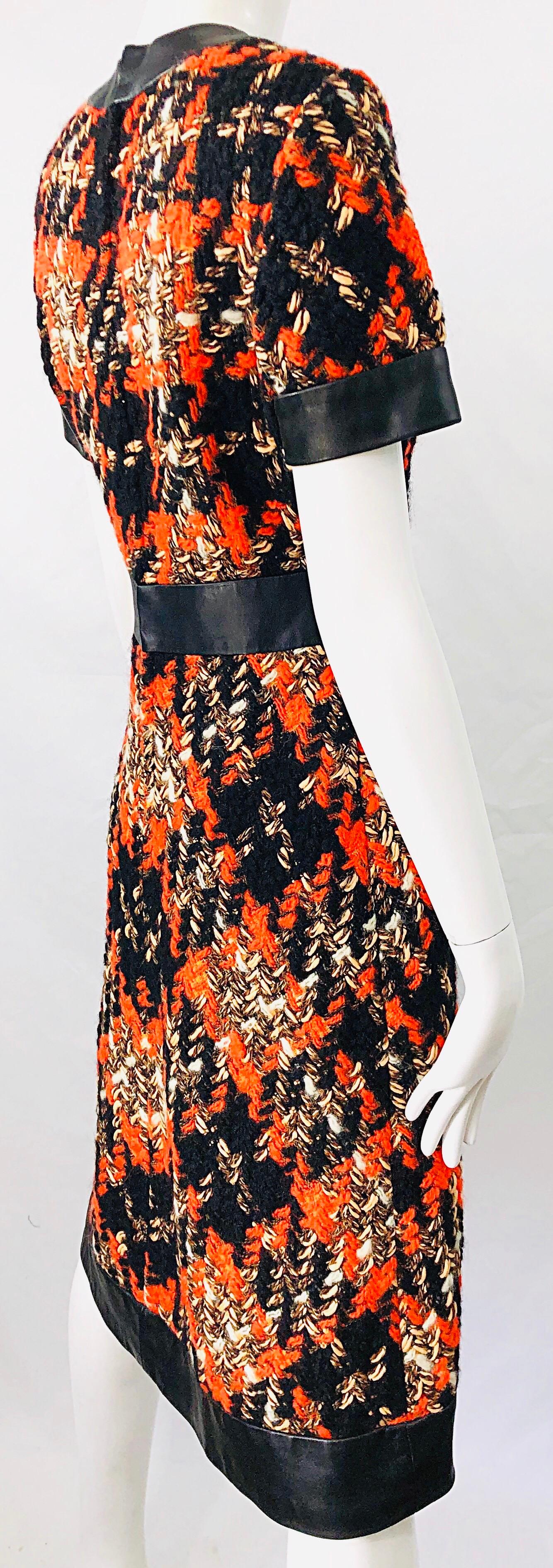 1960s Louis Feraud Haute Couture Boucle Wool + Leather Orange A - Line 60s Dress For Sale 5