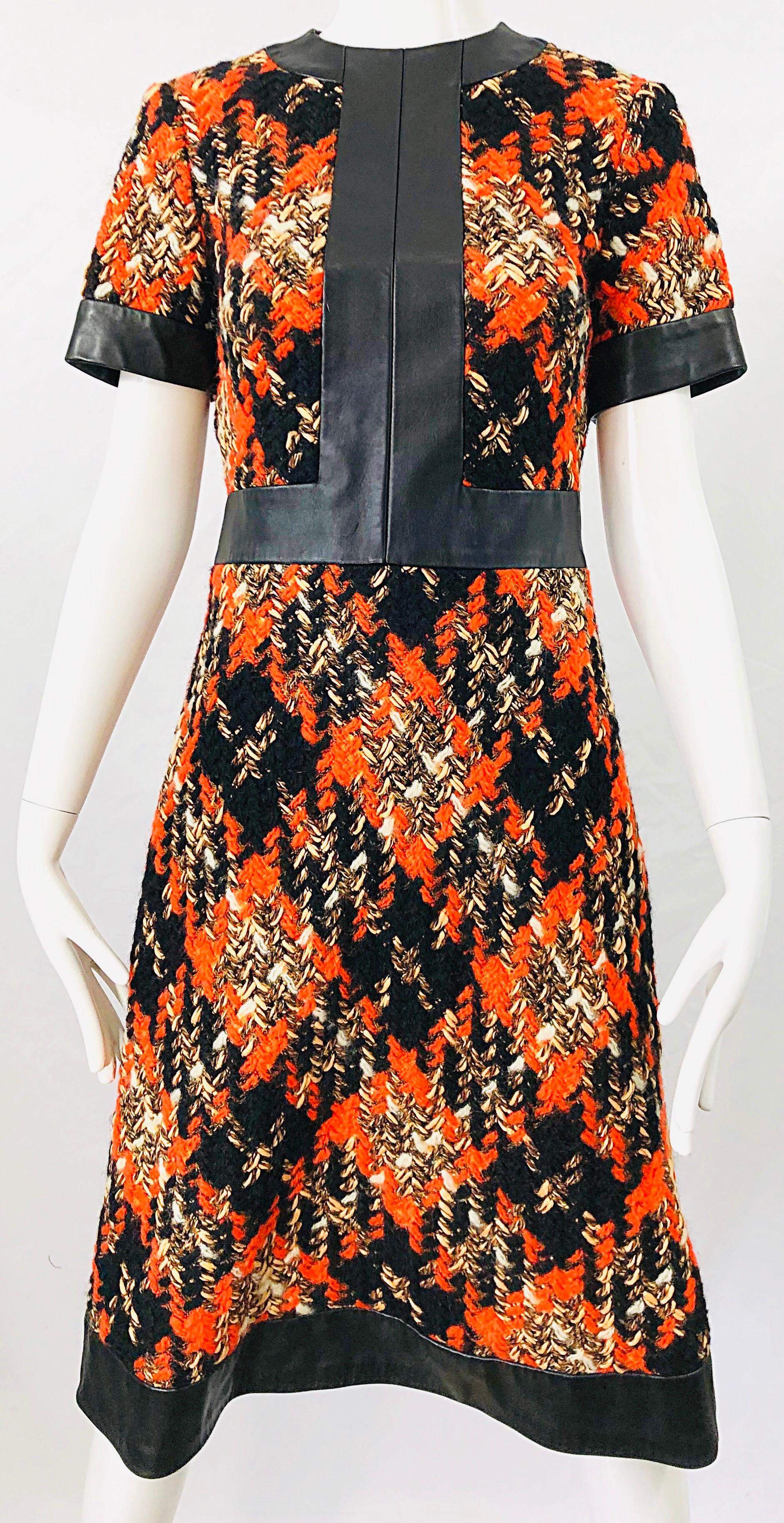 1960s Louis Feraud Haute Couture Boucle Wool + Leather Orange A - Line 60s Dress For Sale 6