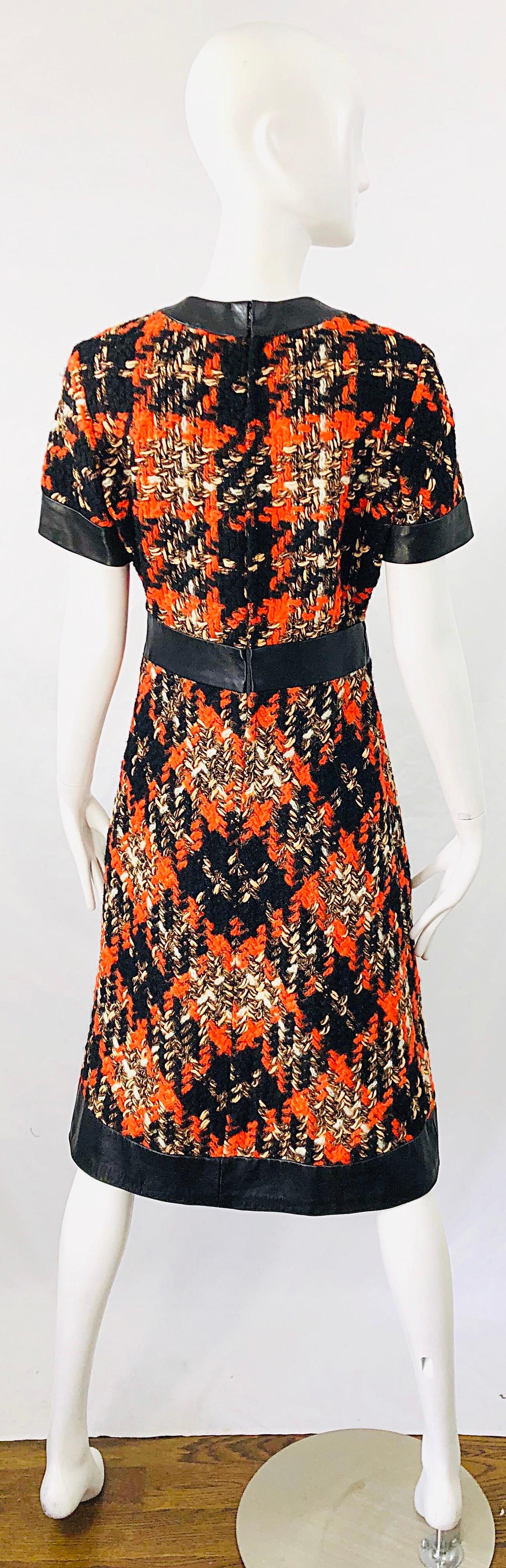 1960s Louis Feraud Haute Couture Boucle Wool + Leather Orange A - Line 60s Dress For Sale 7