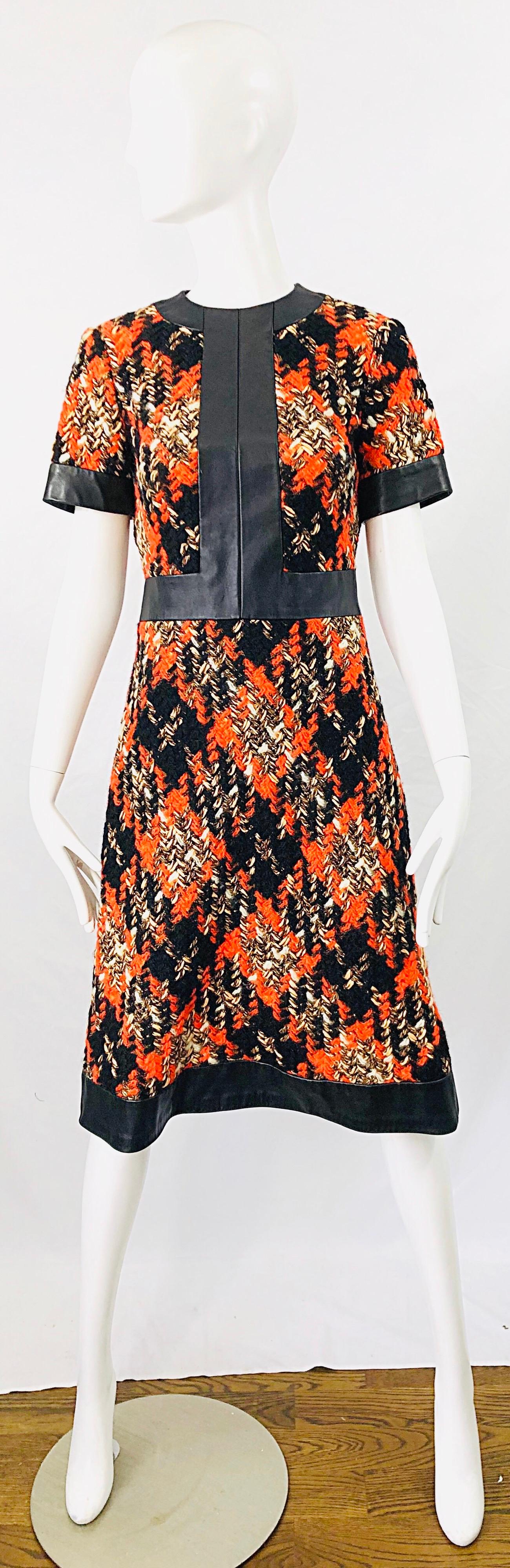 1960s Louis Feraud Haute Couture Boucle Wool + Leather Orange A - Line 60s Dress For Sale 8