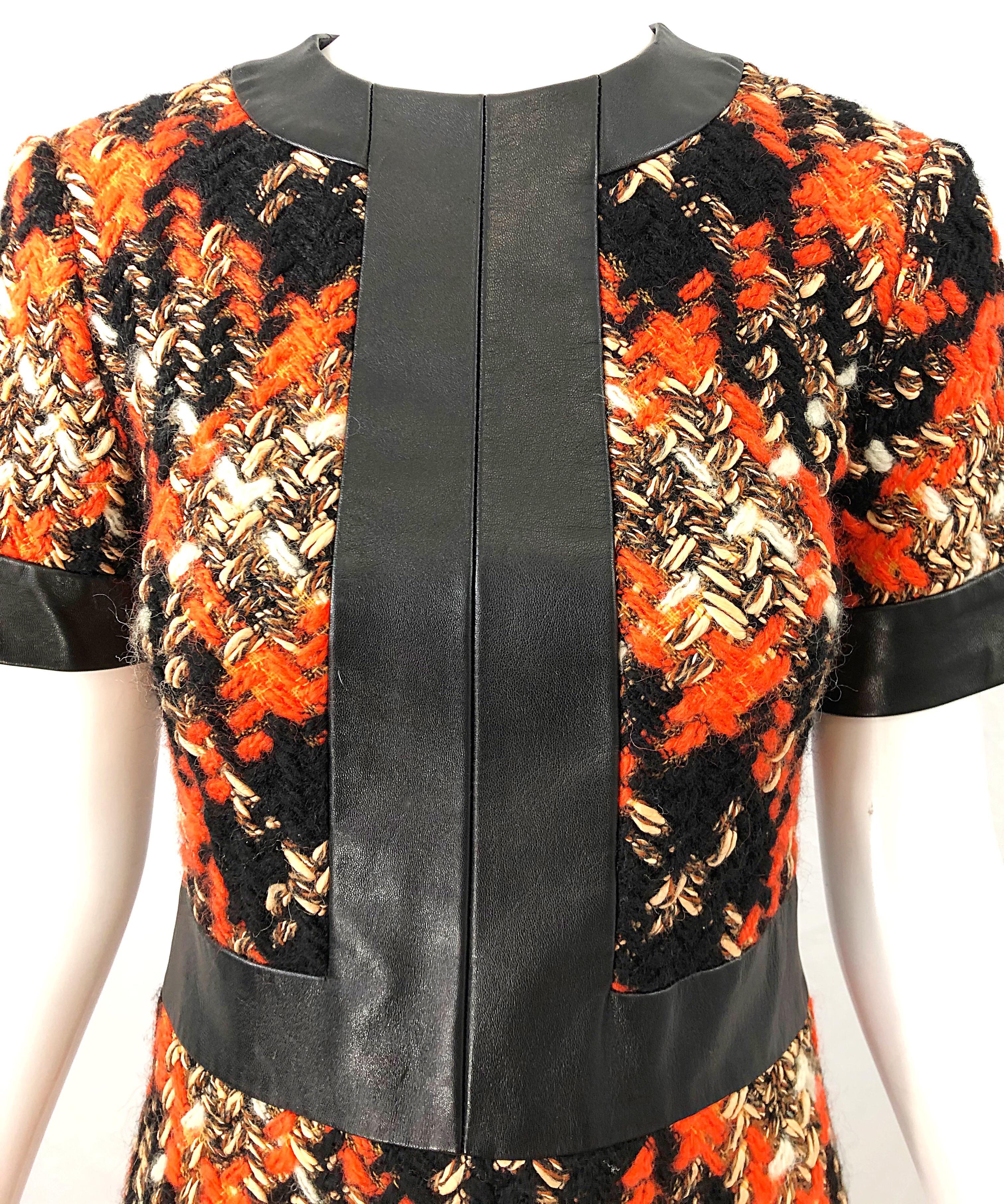 Noir Robe A - Line Louis Feraud Haute Couture des années 1960 Boucle Laine + Cuir Orange des années 60 en vente
