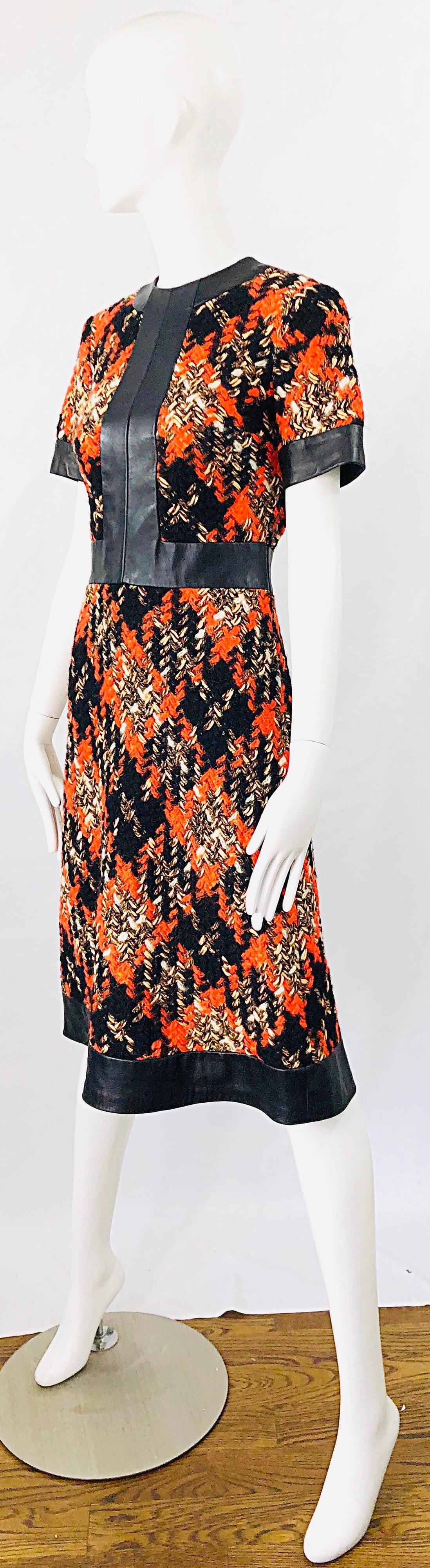 Donna 1960 Louis Feraud Haute Couture Boucle Wool + Leather Orange A - Line 60s Dress in vendita
