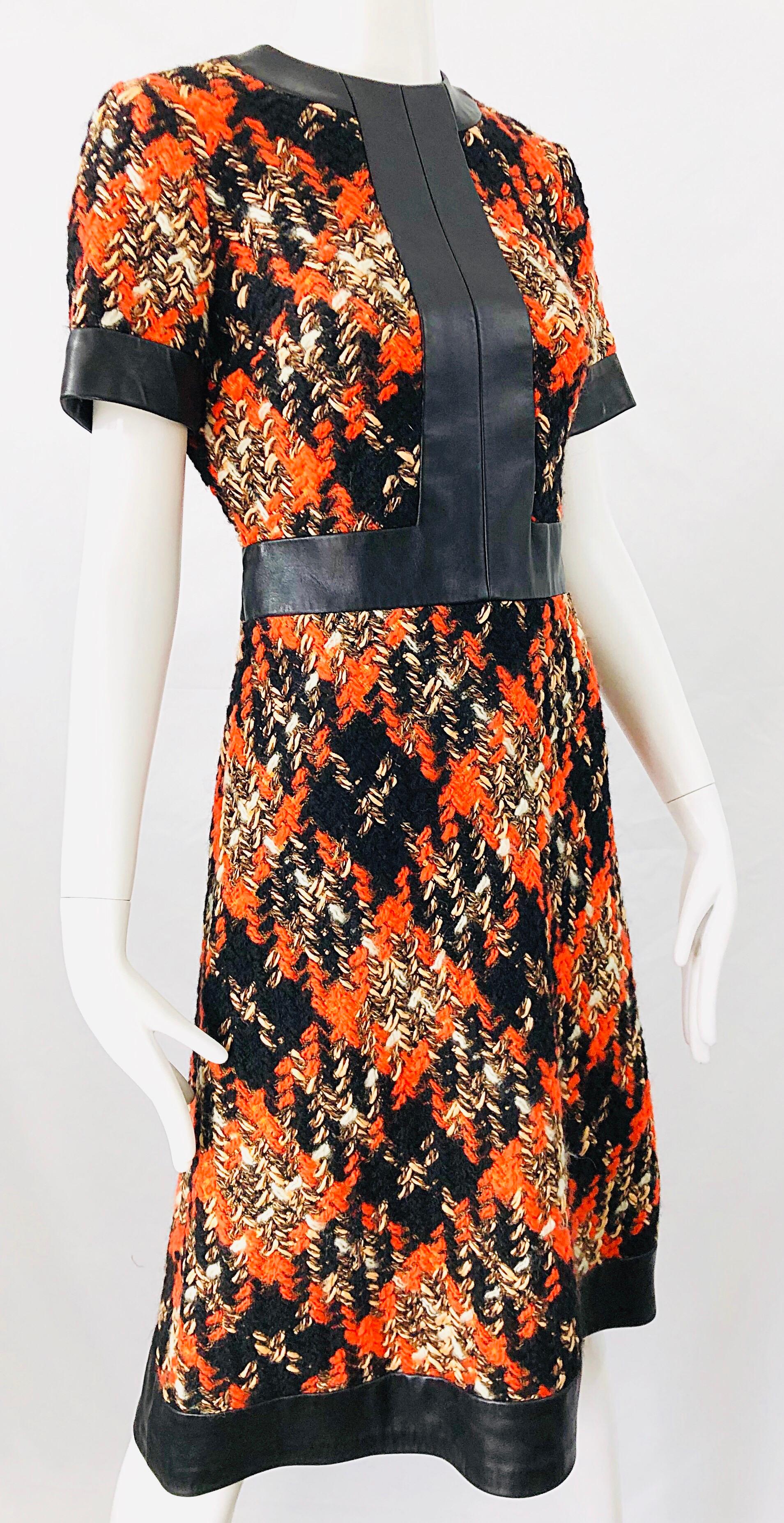 Black 1960s Louis Feraud Haute Couture Boucle Wool + Leather Orange A - Line 60s Dress For Sale