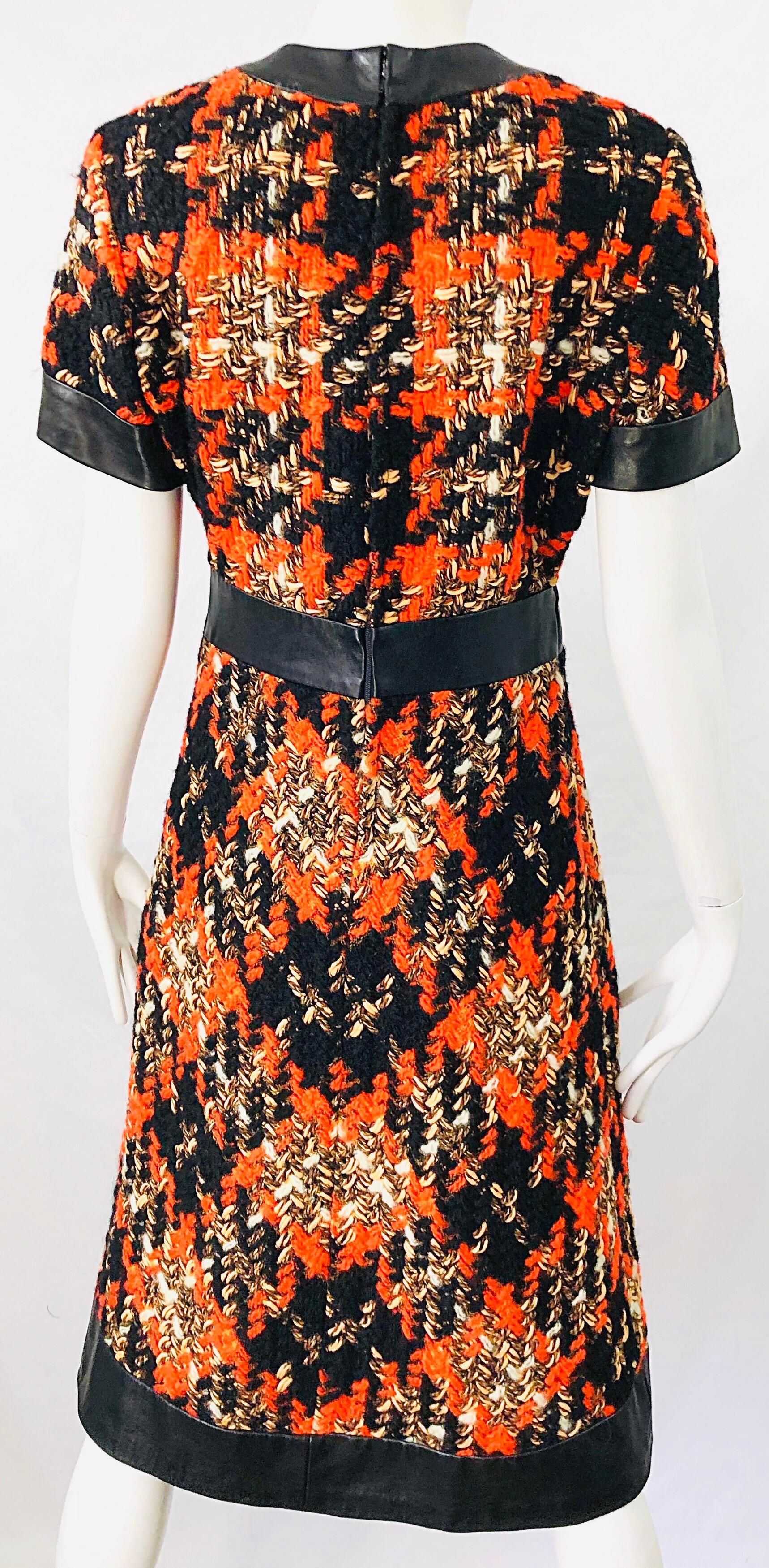 1960s Louis Feraud Haute Couture Boucle Wool + Leather Orange A - Line 60s Dress In Excellent Condition For Sale In San Diego, CA