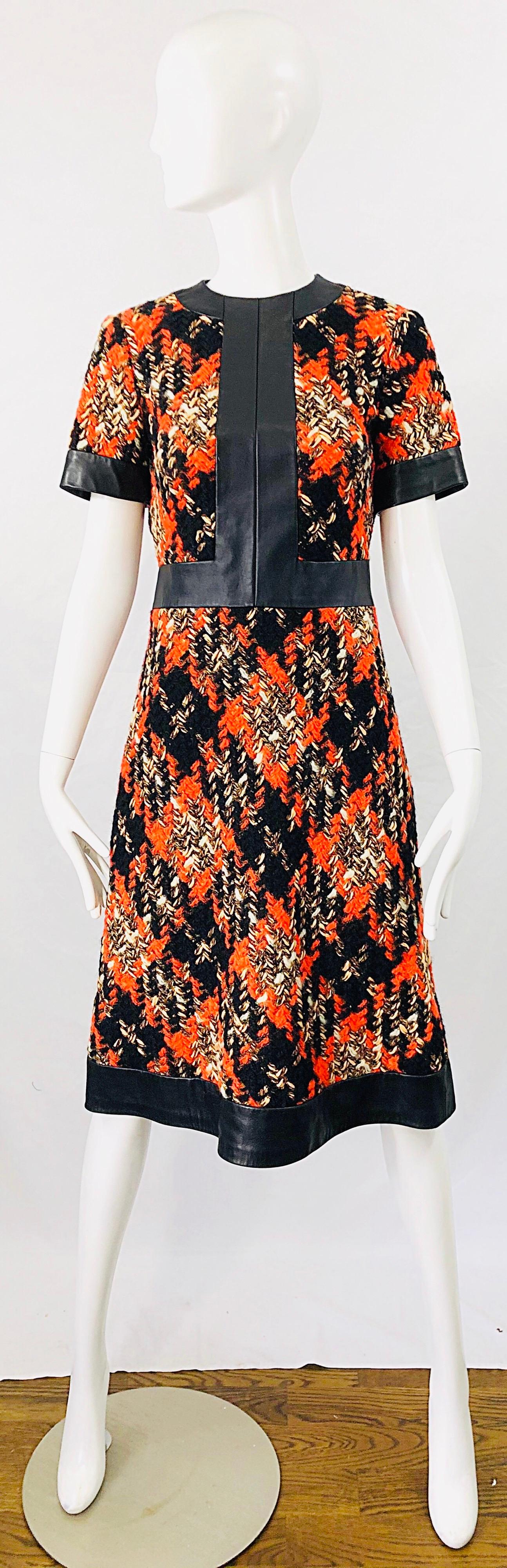 Women's 1960s Louis Feraud Haute Couture Boucle Wool + Leather Orange A - Line 60s Dress For Sale