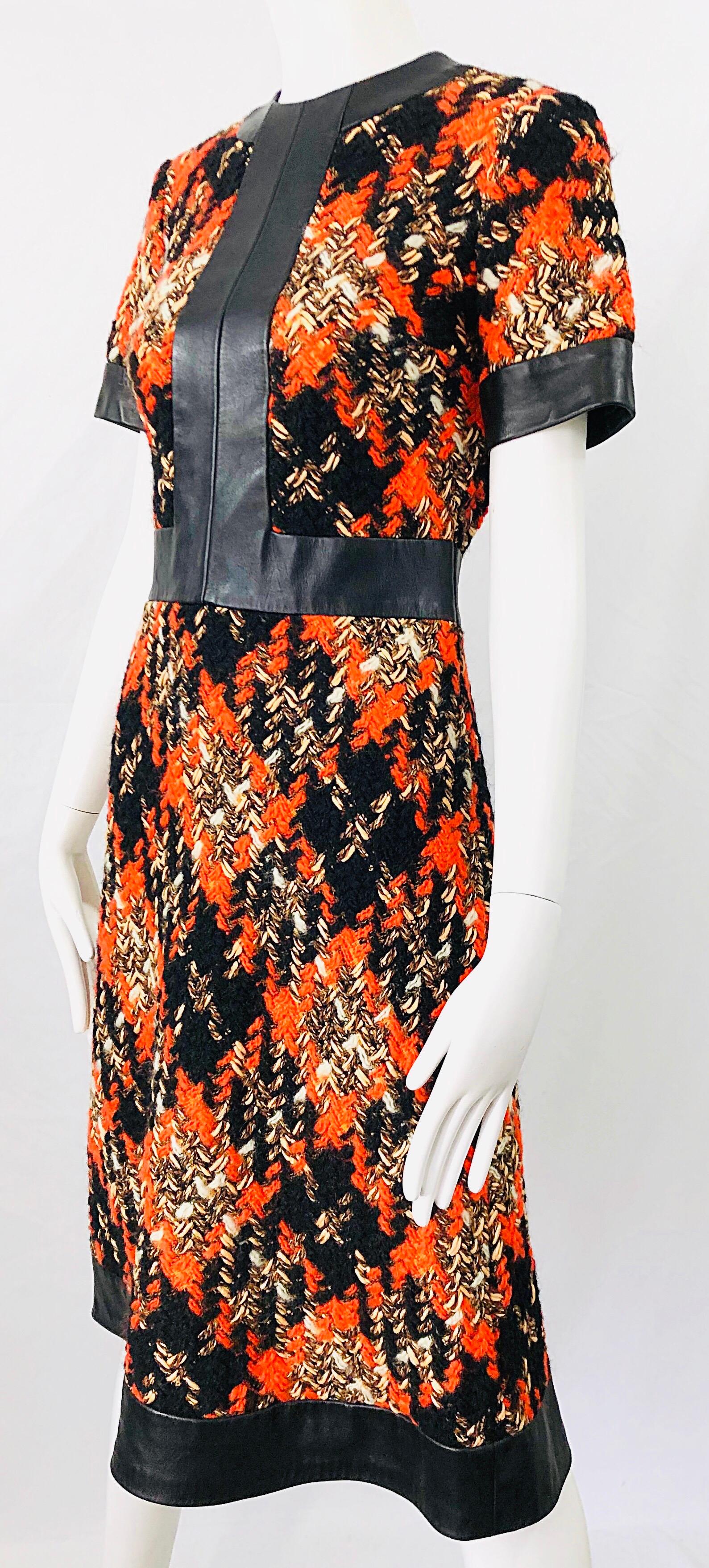 1960s Louis Feraud Haute Couture Boucle Wool + Leather Orange A - Line 60s Dress For Sale 1
