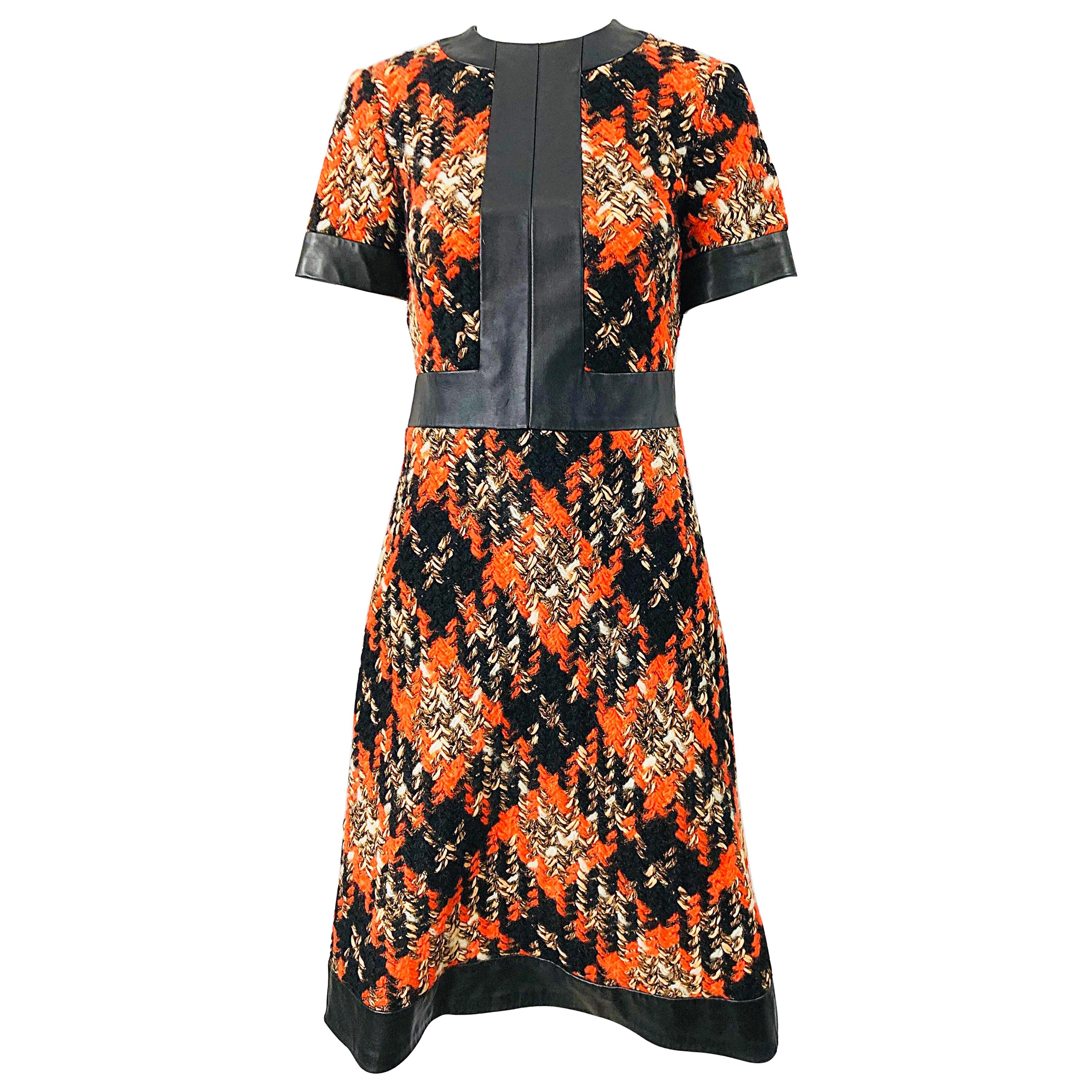 1960 Louis Feraud Haute Couture Boucle Wool + Leather Orange A - Line 60s Dress in vendita