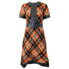 Retro 1960s Louis Feraud Haute Couture Boucle Wool + Leather Orange A - Line 60s Dress