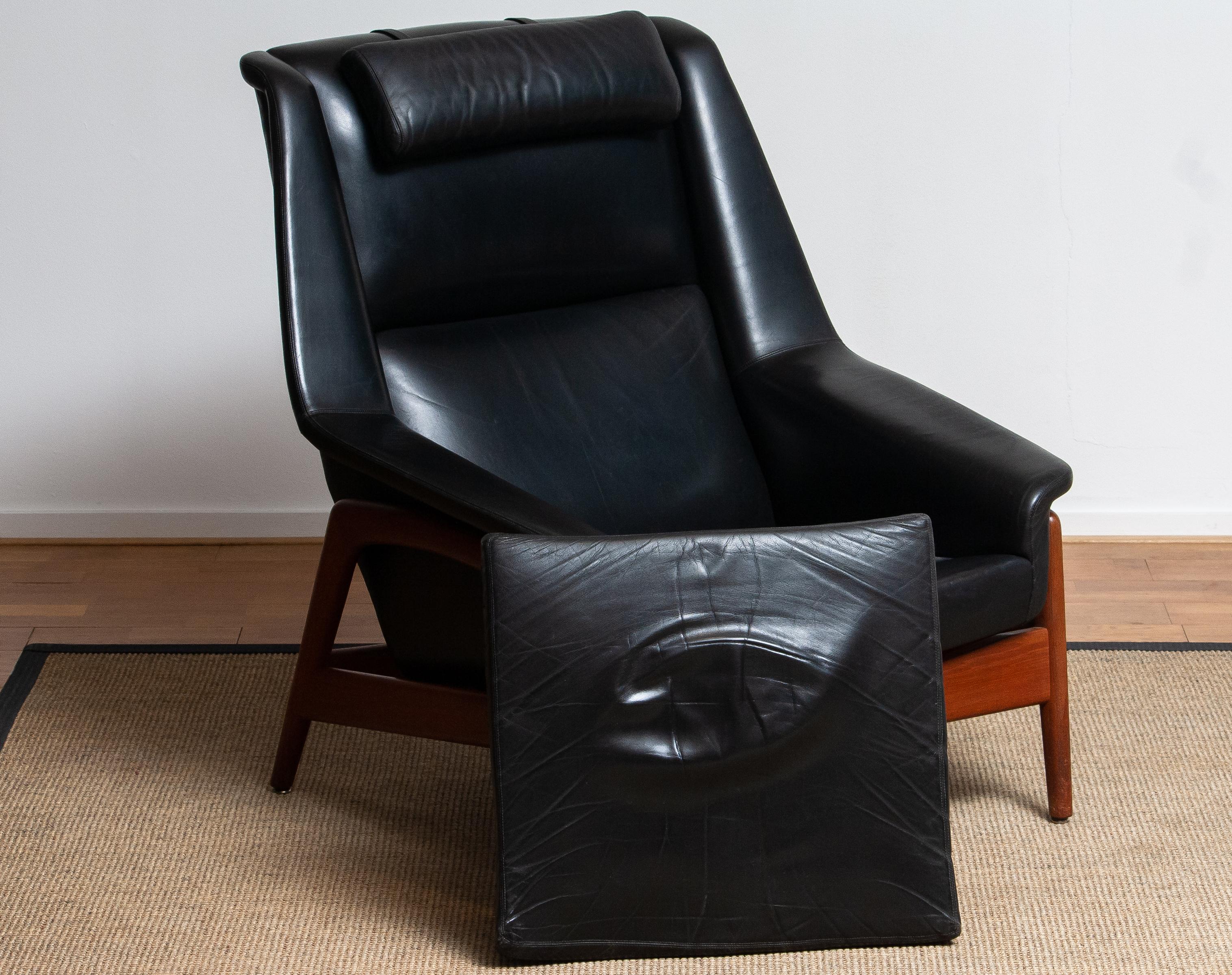 1960s, Lounge Chair 'Profil' by Folke Ohlsson for DUX in Black Leather and Teak 7