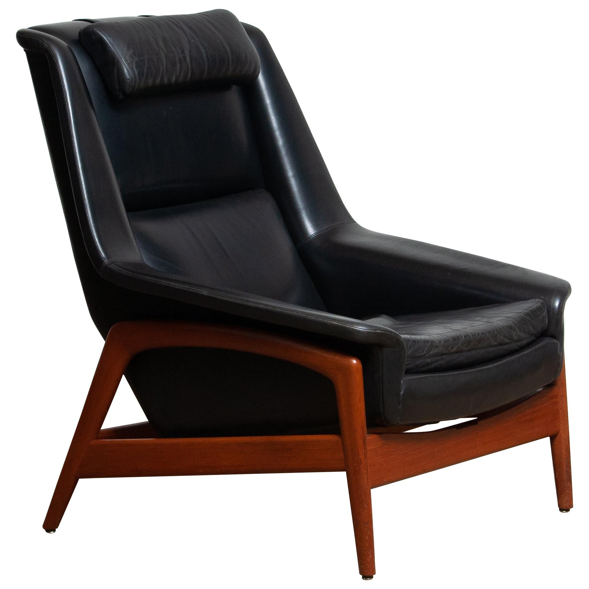 1960s, Lounge Chair 'Profil' by Folke Ohlsson for DUX in Black Leather and Teak