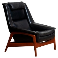 1960s, Lounge Chair 'Profil' by Folke Ohlsson for DUX in Black Leather and Teak