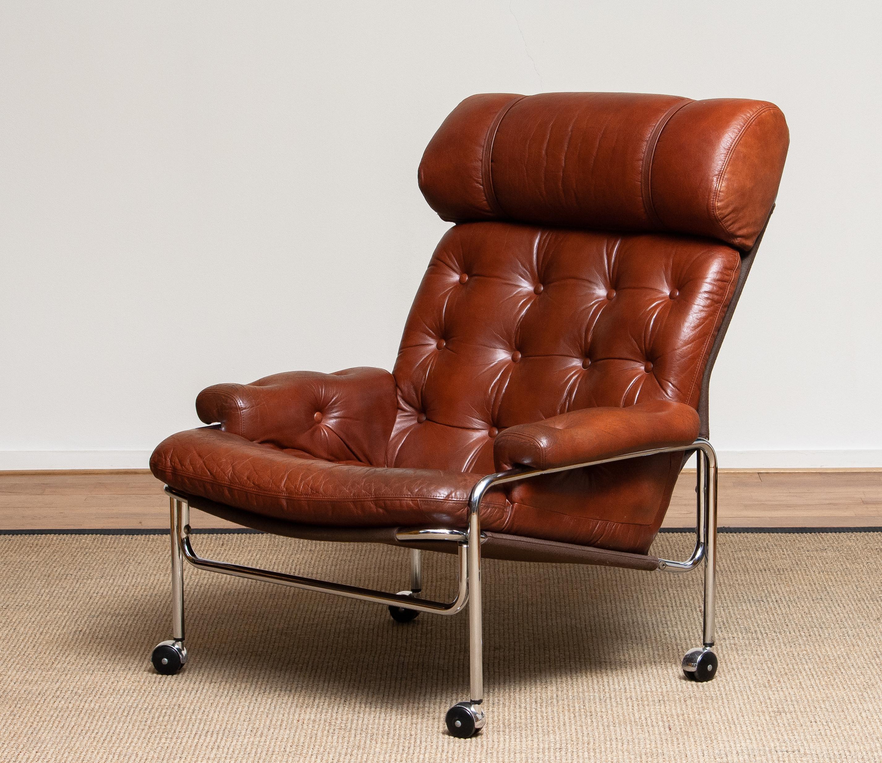 1960s Lounge Club Easy Chair in Chrome and Brown Cognac Leather by Lindlöfs 1 For Sale 8