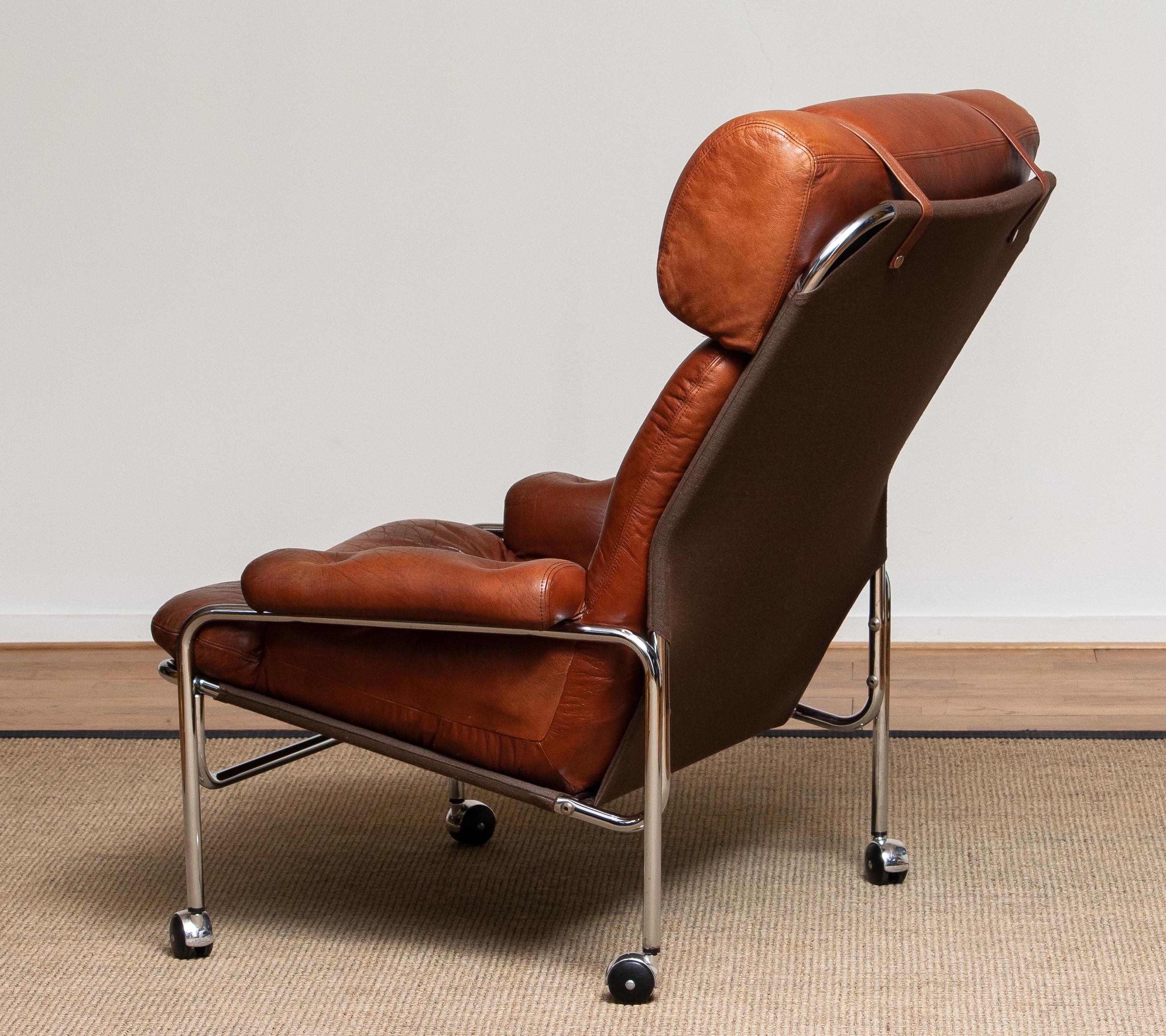 1960s Lounge Club Easy Chair in Chrome and Brown Cognac Leather by Lindlöfs 4