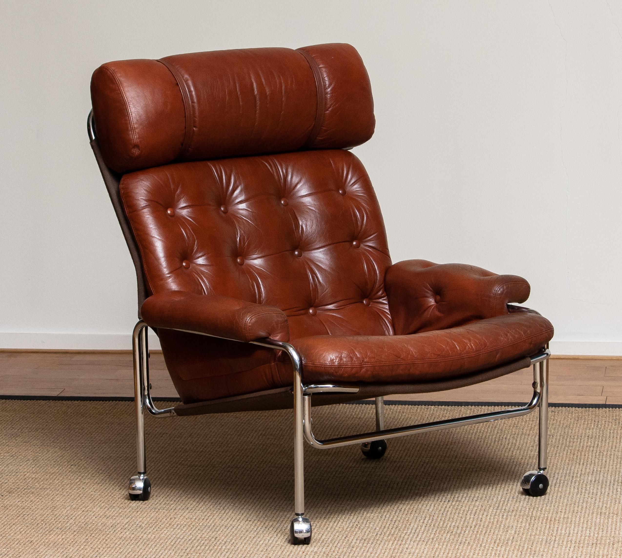 1960s Lounge Club Easy Chair in Chrome and Brown Cognac Leather by Lindlöfs 9