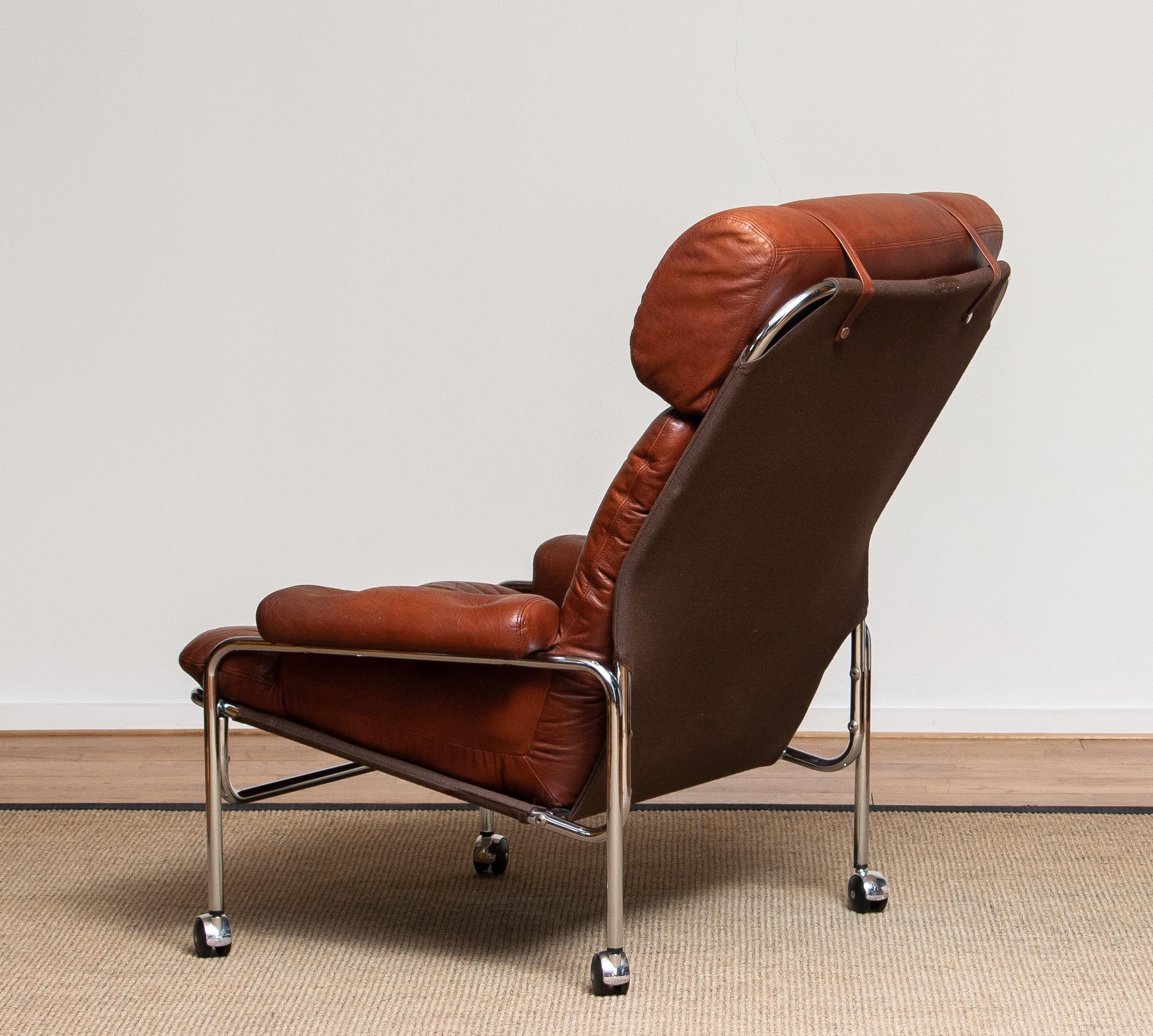 Mid-Century Modern 1960s Lounge Club Easy Chair in Chrome and Brown Cognac Leather by Lindlöfs