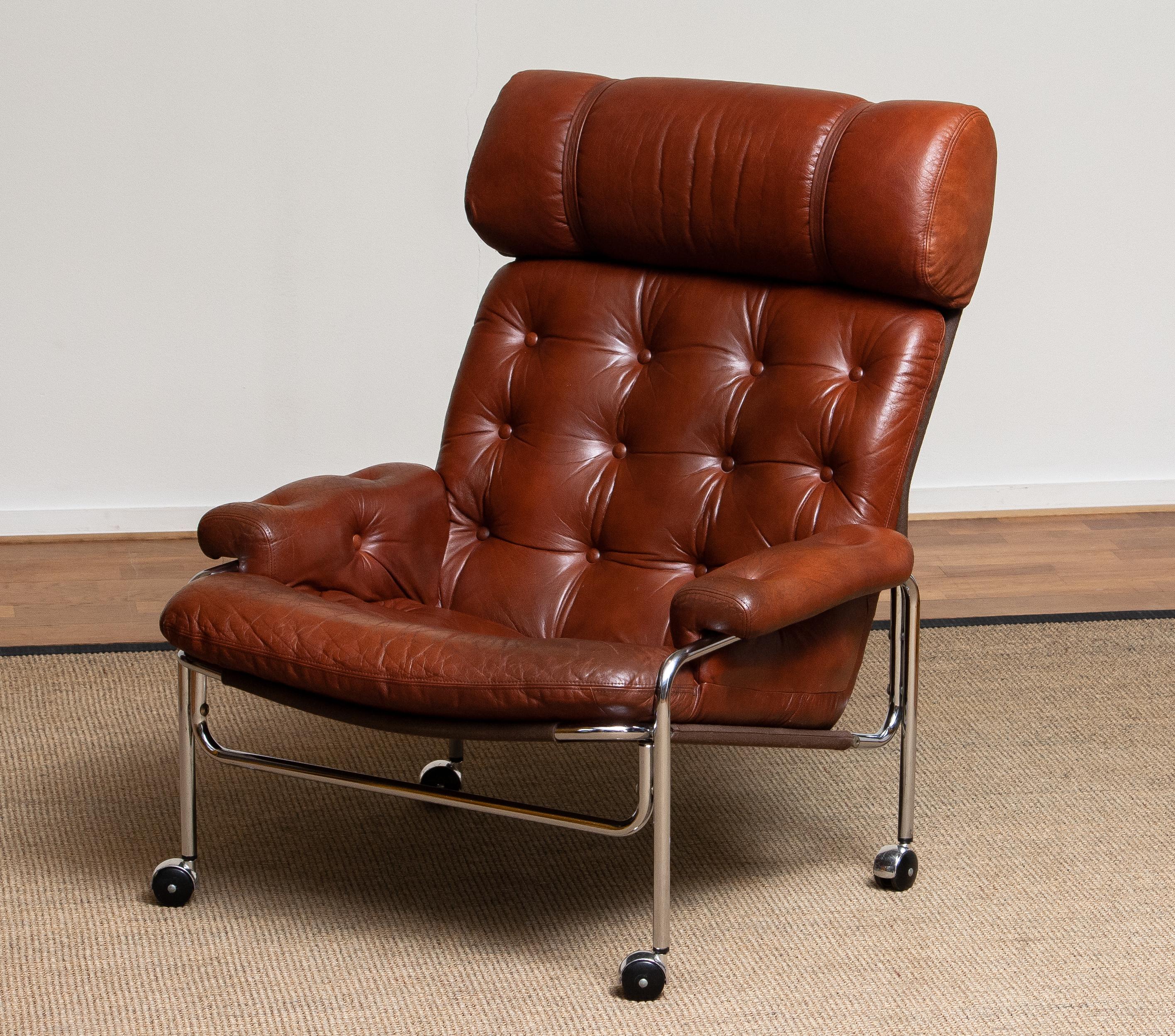 Swedish 1960s Lounge Club Easy Chair in Chrome and Brown Cognac Leather by Lindlöfs