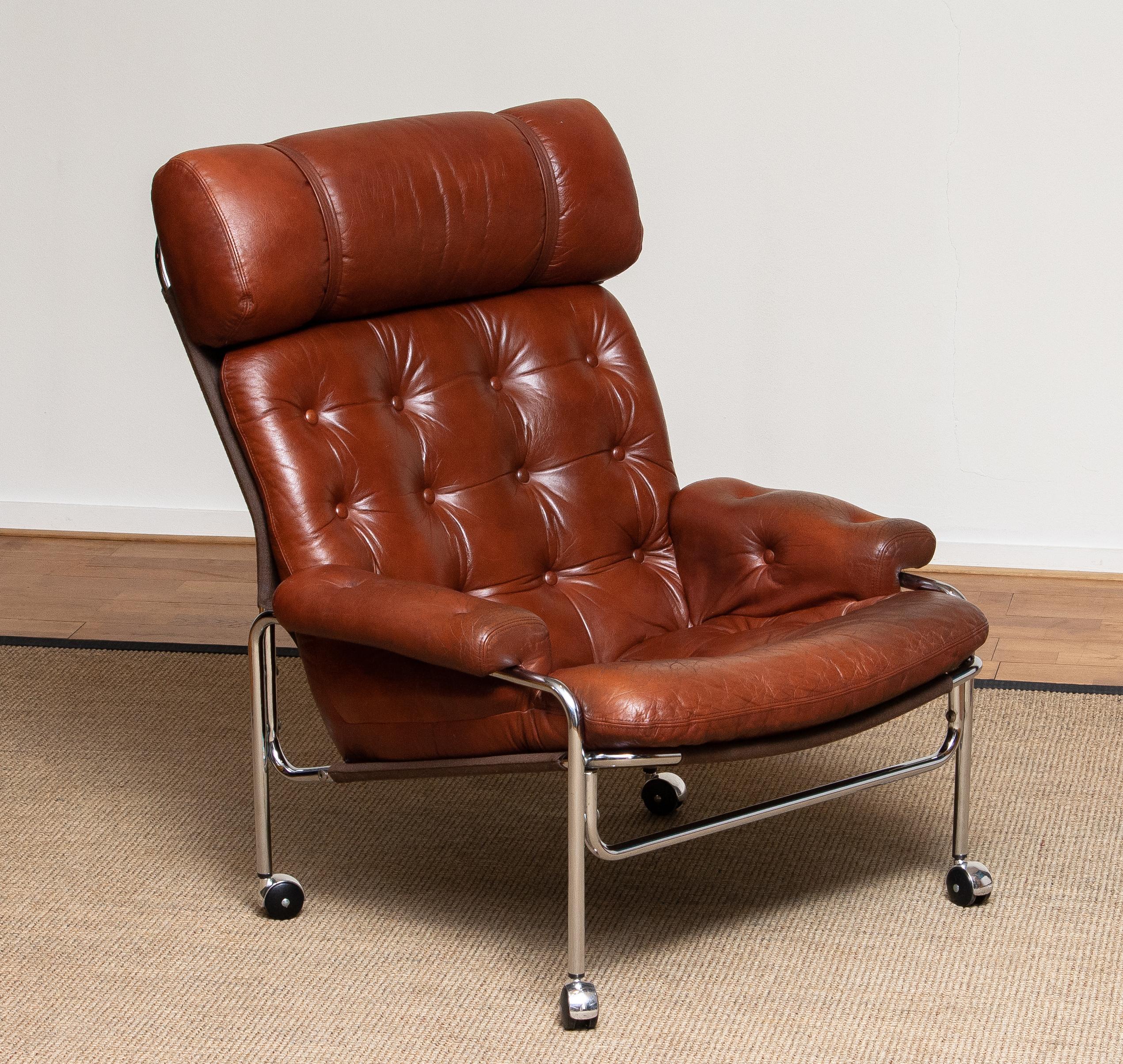 1960s Lounge Club Easy Chair in Chrome and Brown Cognac Leather by Lindlöfs In Good Condition In Silvolde, Gelderland
