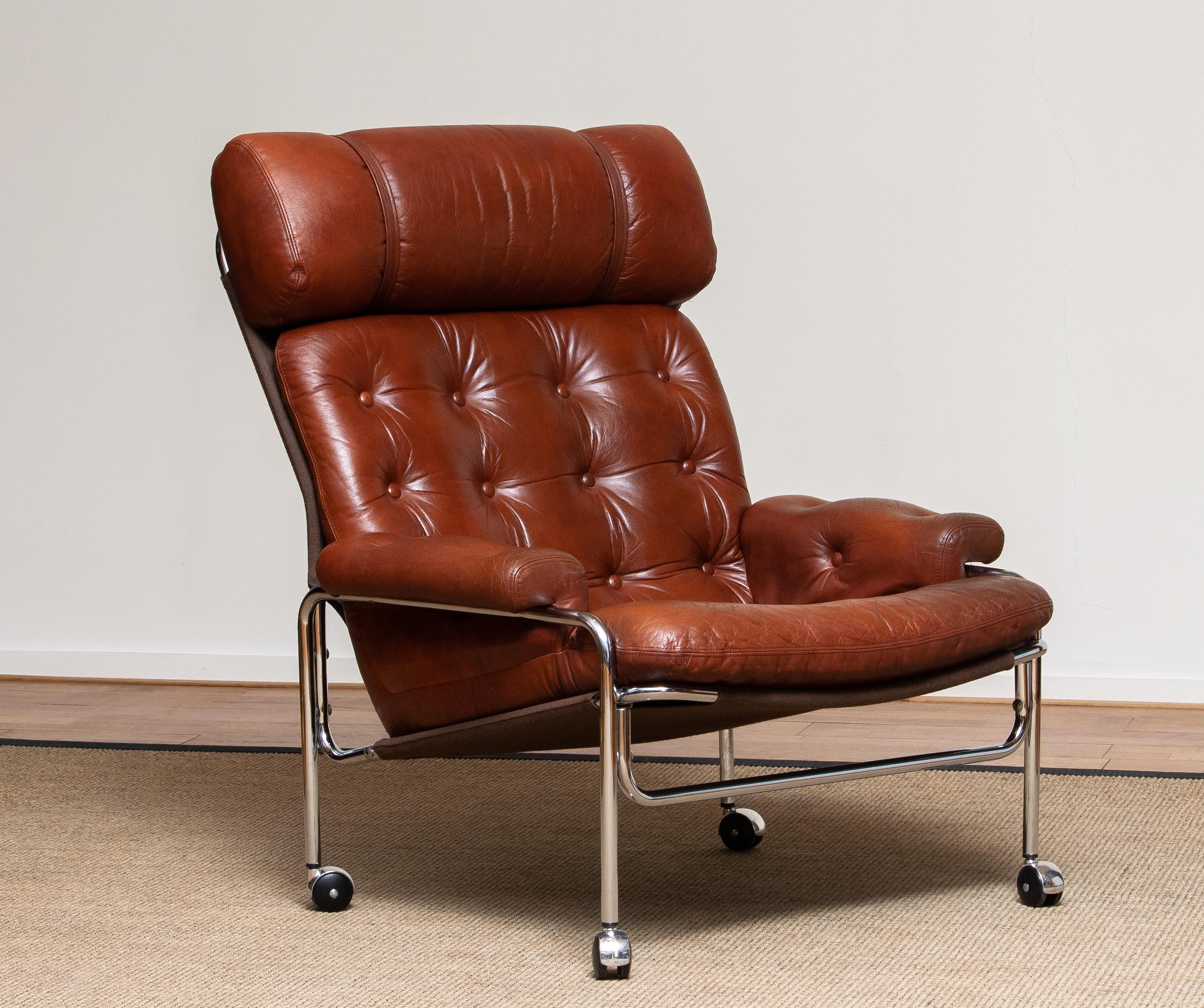 Mid-20th Century 1960s Lounge Club Easy Chair in Chrome and Brown Cognac Leather by Lindlöfs