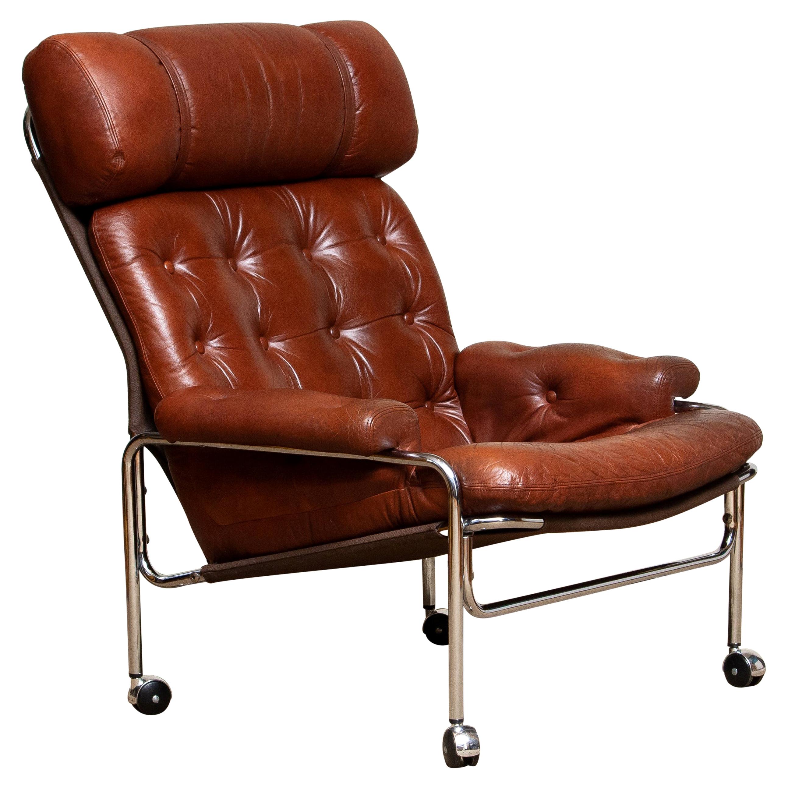 1960s Lounge Club Easy Chair in Chrome and Brown Cognac Leather by Lindlöfs