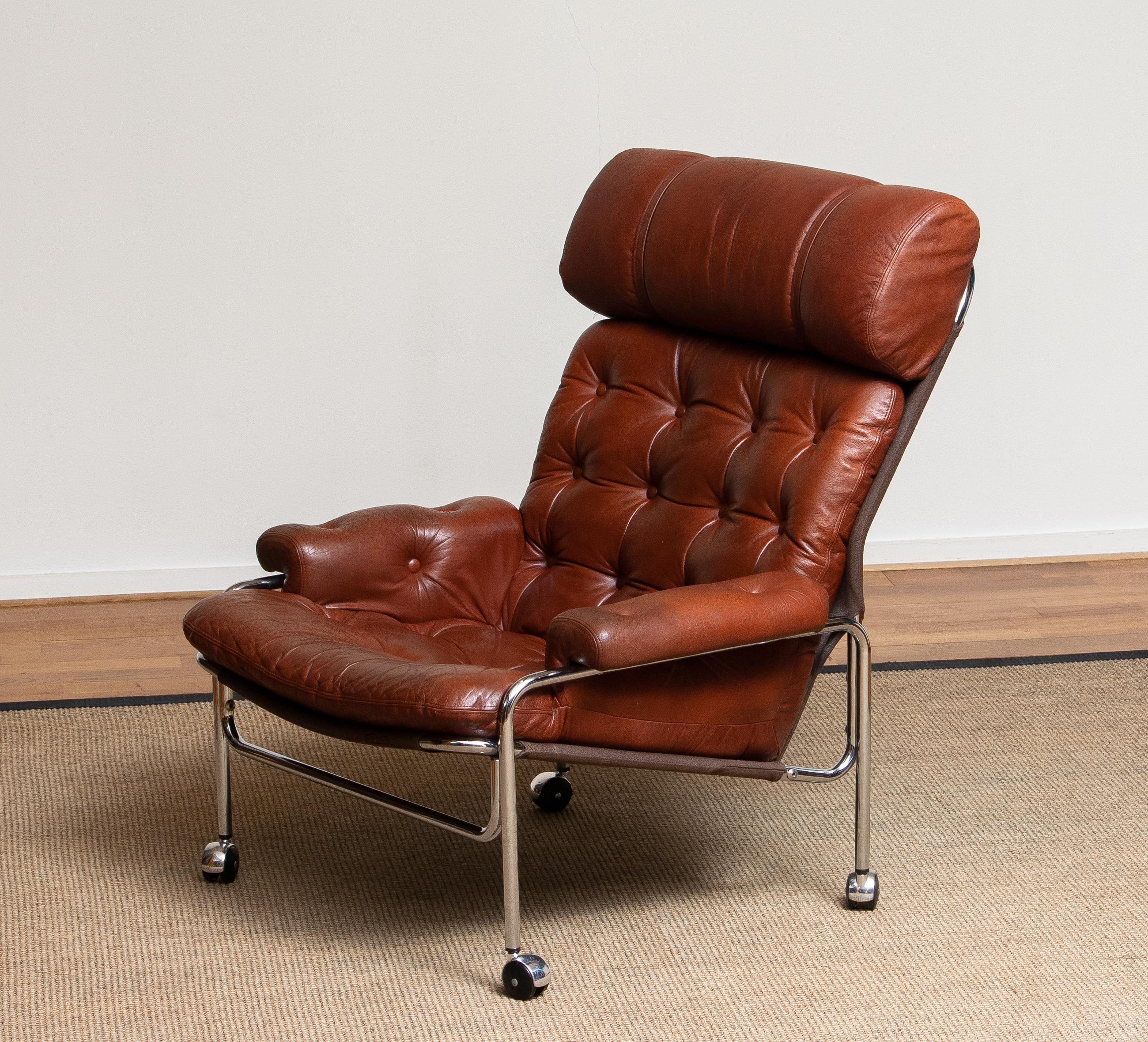 1960s Lounge / Easy Chair in Chrome and Aged Brown  Cognac Leather by Lindlöfs 1 In Good Condition In Silvolde, Gelderland