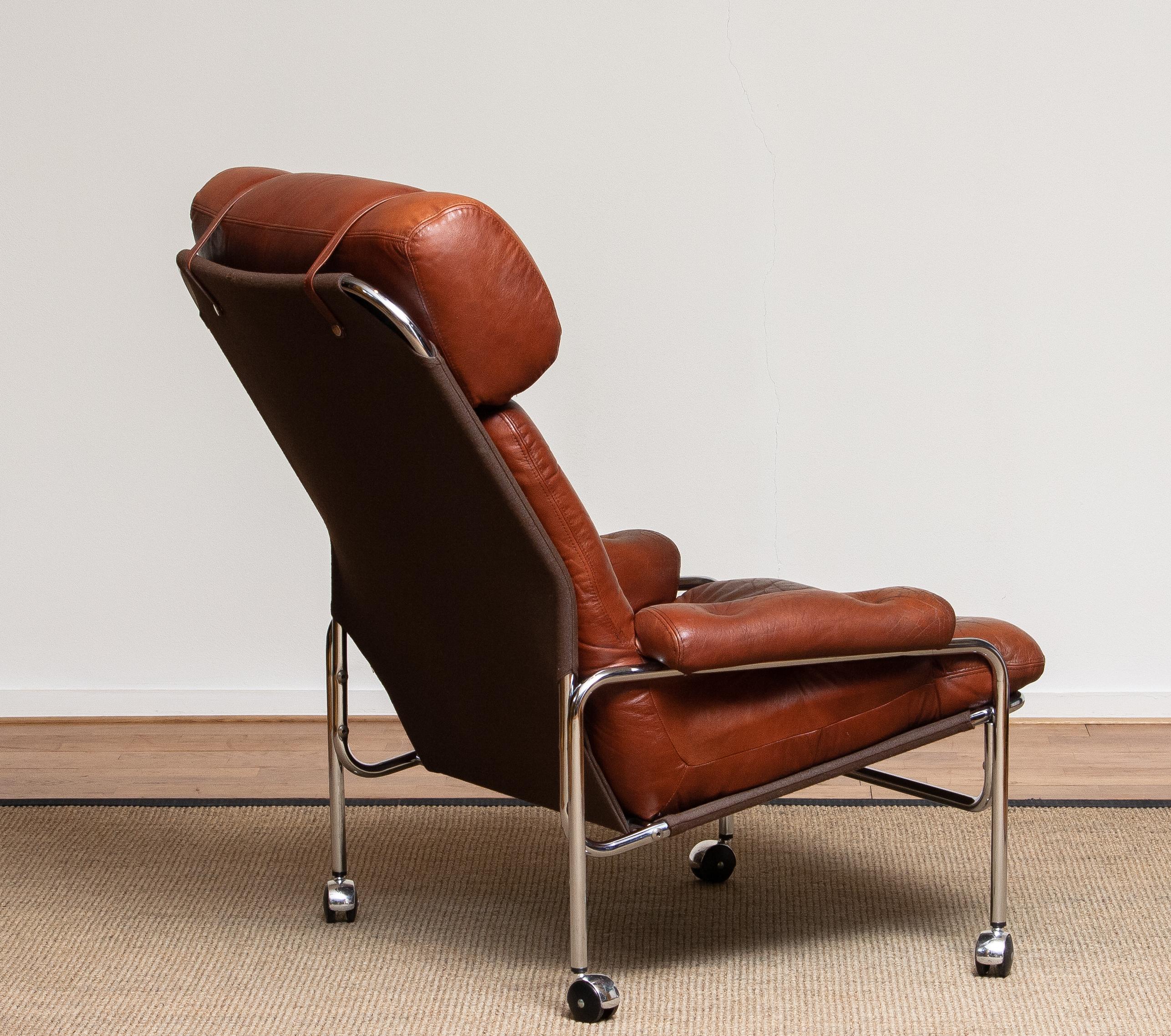 1960s Lounge / Easy Chair in Chrome and Aged Brown / Cognac Leather by Lindlöfs 1