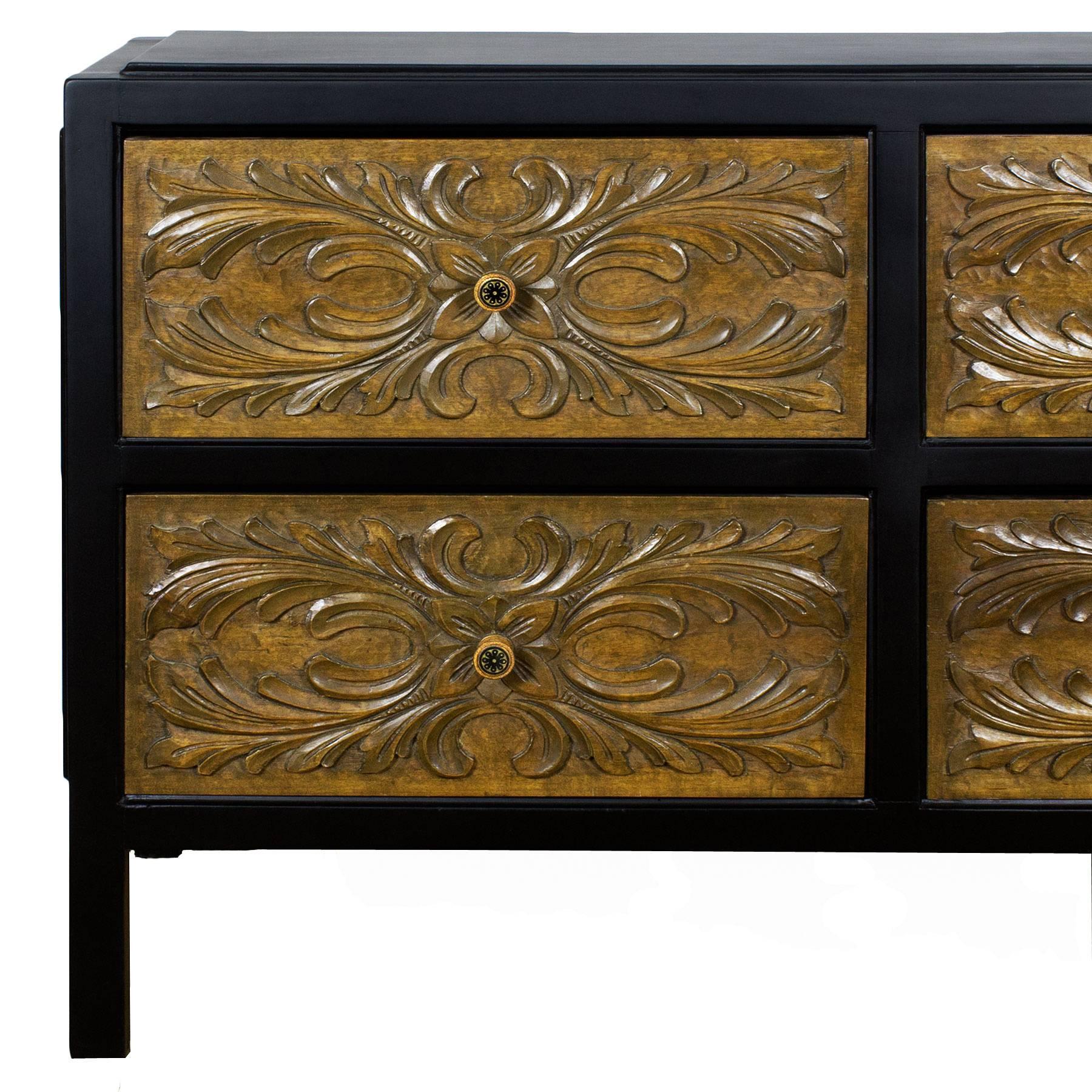 Spanish 1960s Low Commode, Satiny Black Lacquered Wood, Carved Walnut Drawers, Spain