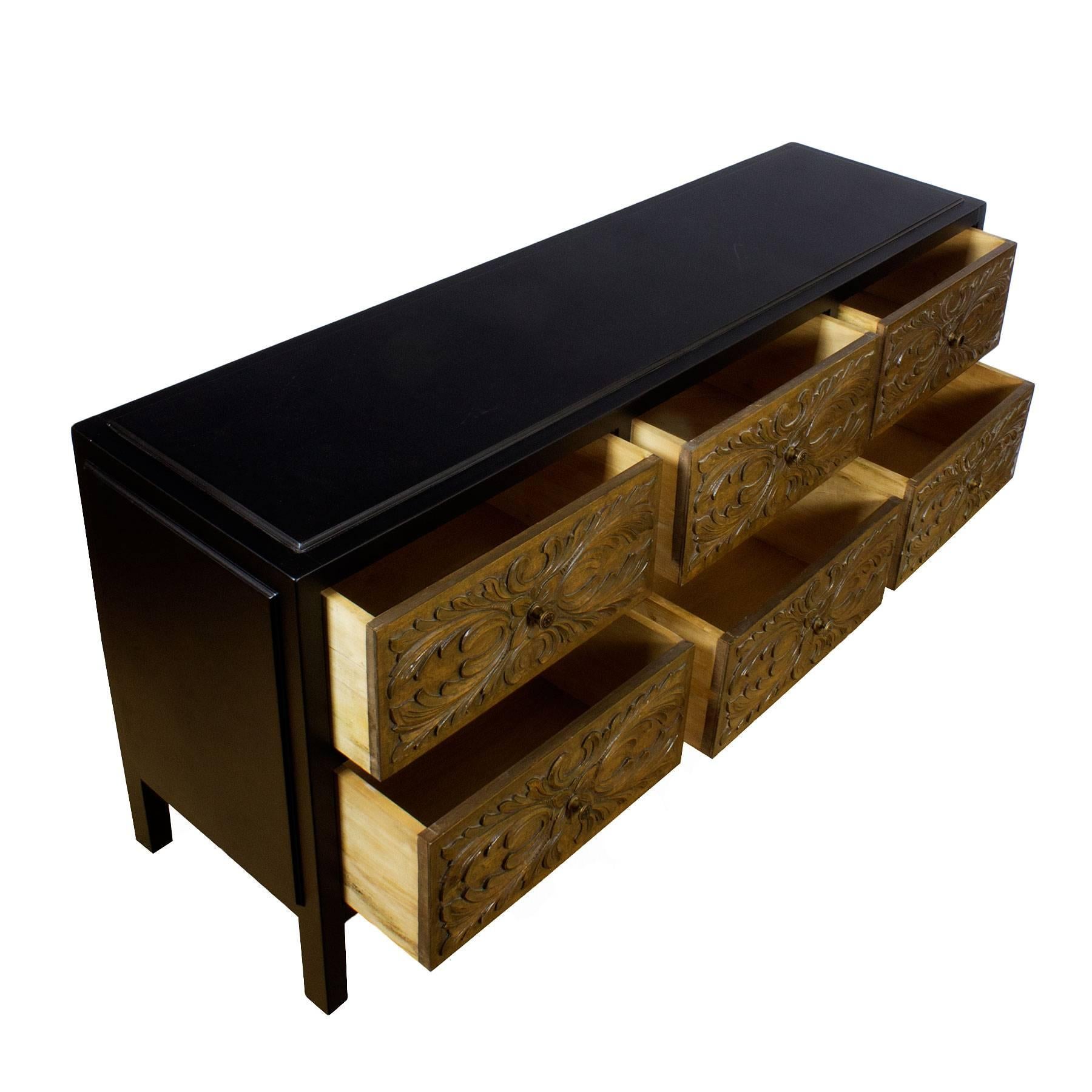 1960s Low Commode, Satiny Black Lacquered Wood, Carved Walnut Drawers, Spain In Excellent Condition In Girona, ES