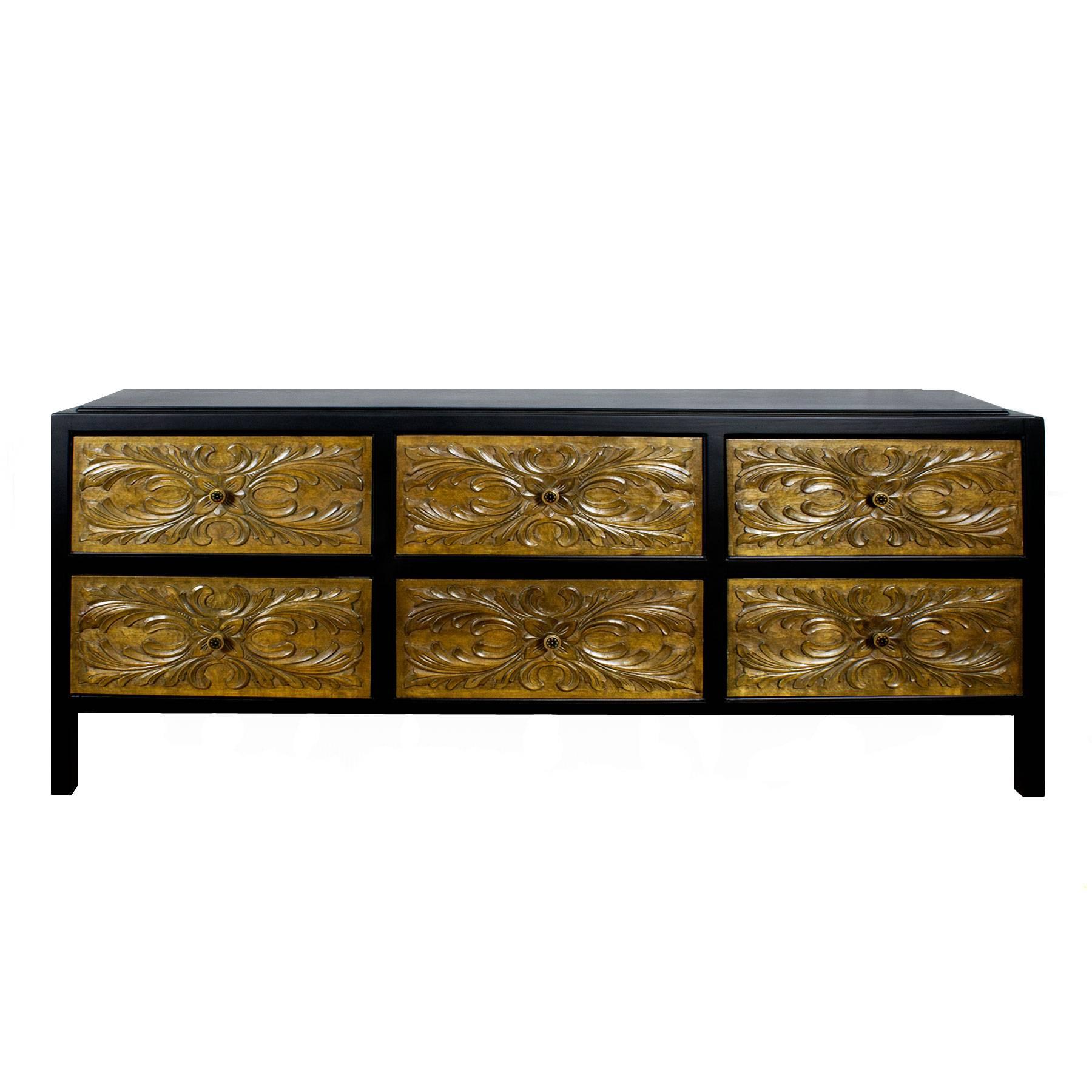 1960s Low Commode, Satiny Black Lacquered Wood, Carved Walnut Drawers, Spain