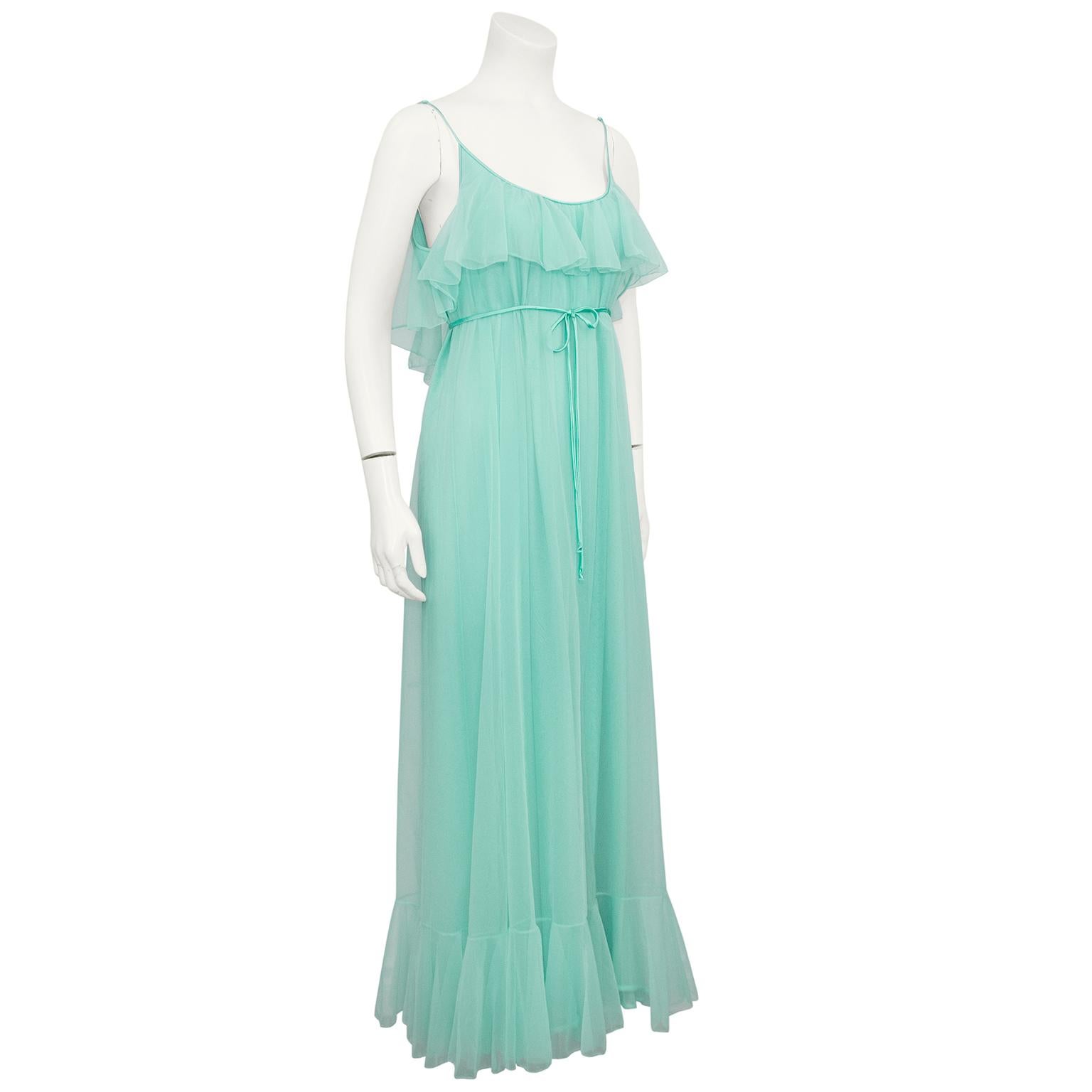 Sea foam green nightgown from the 1960s designed by Claire Sandra by Lucie Ann of Beverly Hills. Eva Gabor, the star of Green Acres a popular 1960’s TV show, was renowned for wearing these over the top concoctions as the farmers wife.  Thin