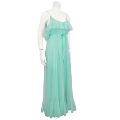 1960s Lucie Ann of Beverly Hills Sea Foam Green Poly Chiffon Nightgown