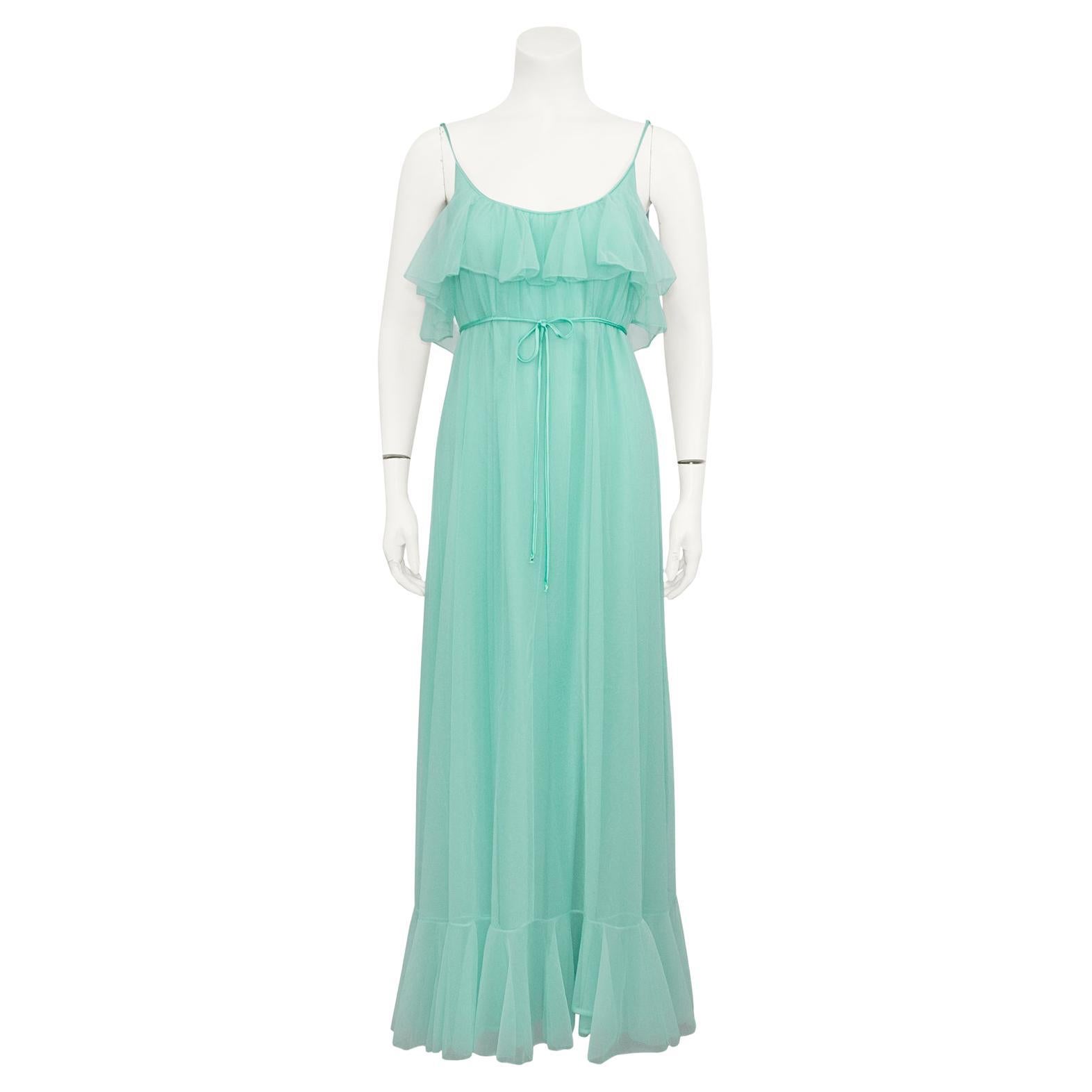 1960s Lucie Ann of Beverly Hills Sea Foam Green Poly Chiffon Nightgown  For Sale