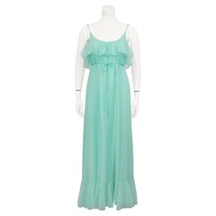1960s Lucie Ann of Beverly Hills Sea Foam Green Poly Chiffon Nightgown 