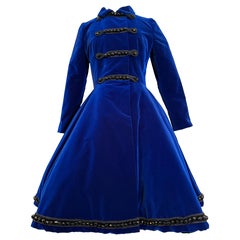 1960s Lucie-Spilo Sapphire Blue Silk Velvet Couture Military-Inspired Coat w Jet