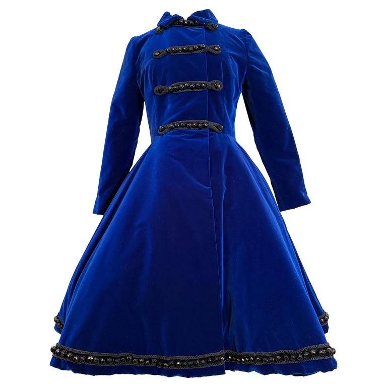 1960s Lucie-Spilo Sapphire Blue Silk Velvet Couture Military-Inspired Coat  w Jet For Sale at 1stDibs