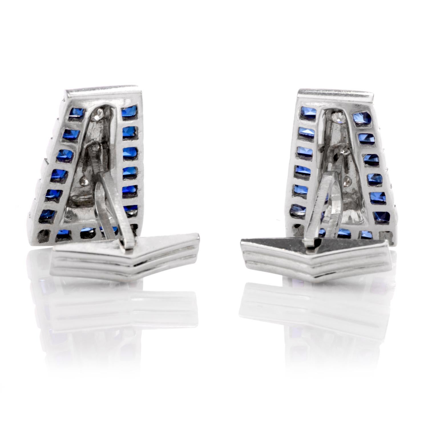 These handsome vintage 1960's Lucien Piccard Diamond and Sapphire cufflinks make a subtle

statement and crafted in 14K gold. Single cut faceted diamonds radiate the center and 2 corners and 

are accented with 30 asscher cut vibrant blue sapphires