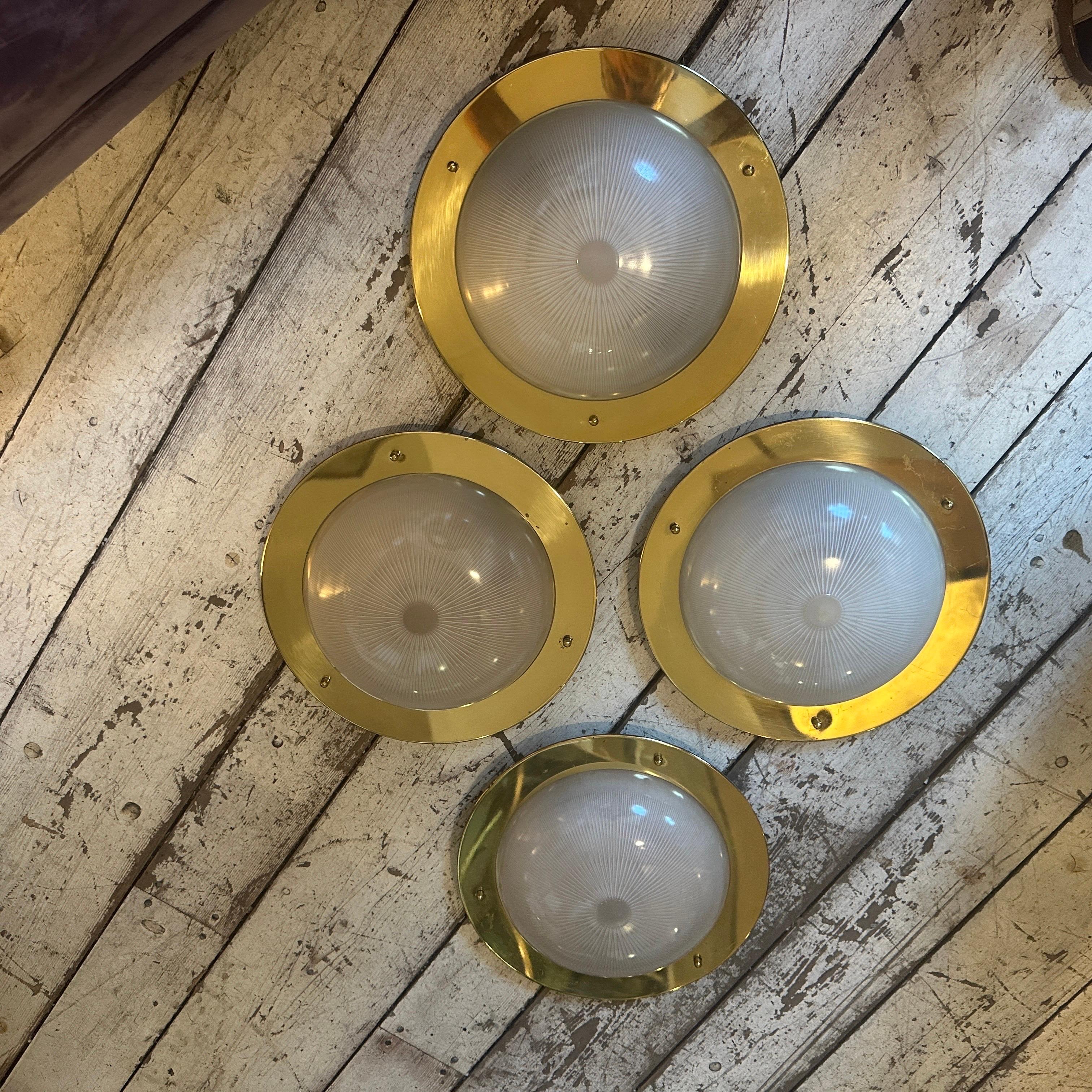 Mid-Century Modern 1960s Luigi Caccia Dominioni Style Brass And Glass Round Italian Ceiling Lights For Sale