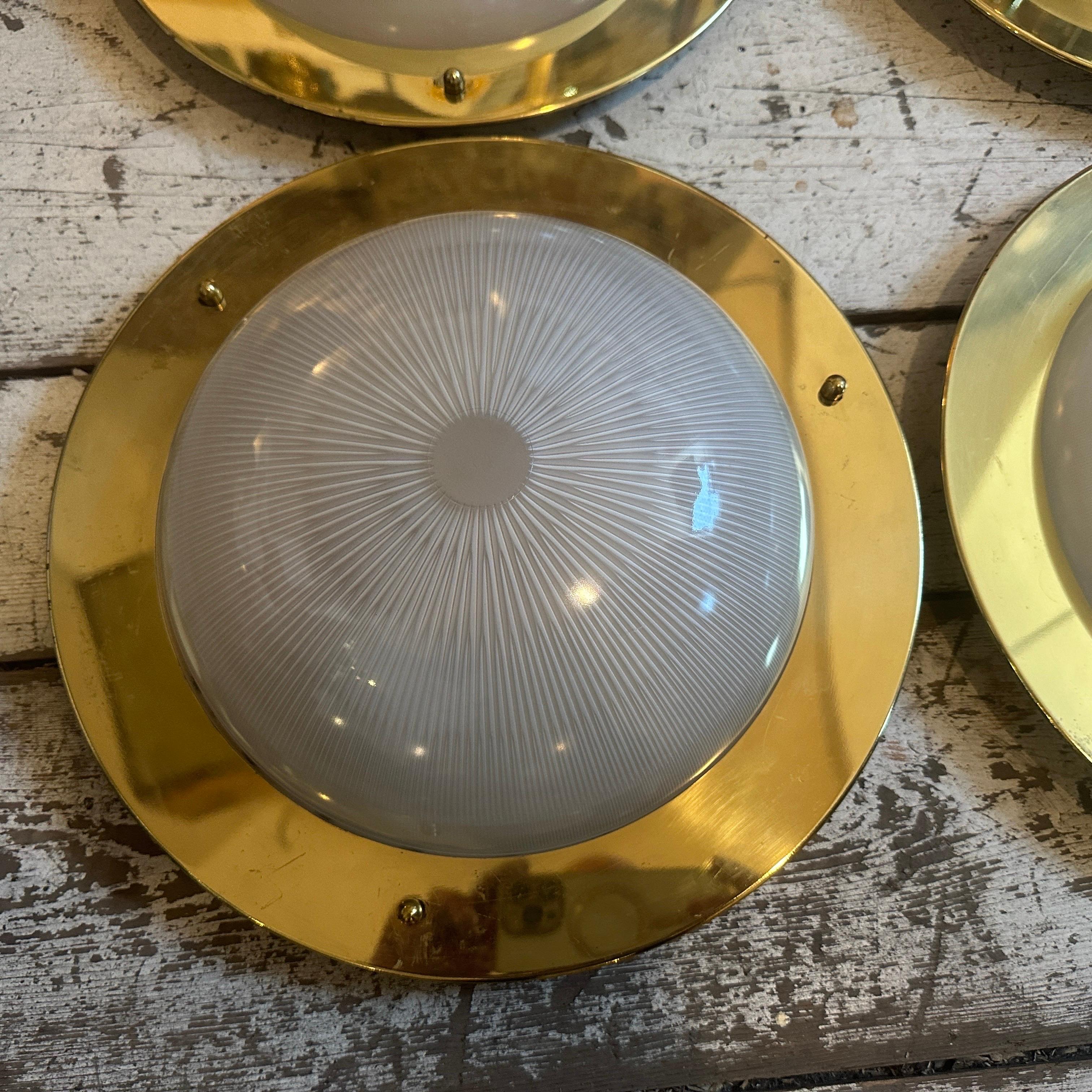 1960s Luigi Caccia Dominioni Style Brass And Glass Round Italian Ceiling Lights For Sale 1