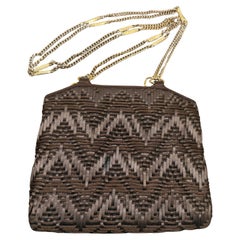 1960s Luxury Brown Woven Cotton and Brass Italian Evening Bag
