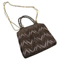 1960s Luxury Brown Woven Cotton and Brass Italian Evening Bag