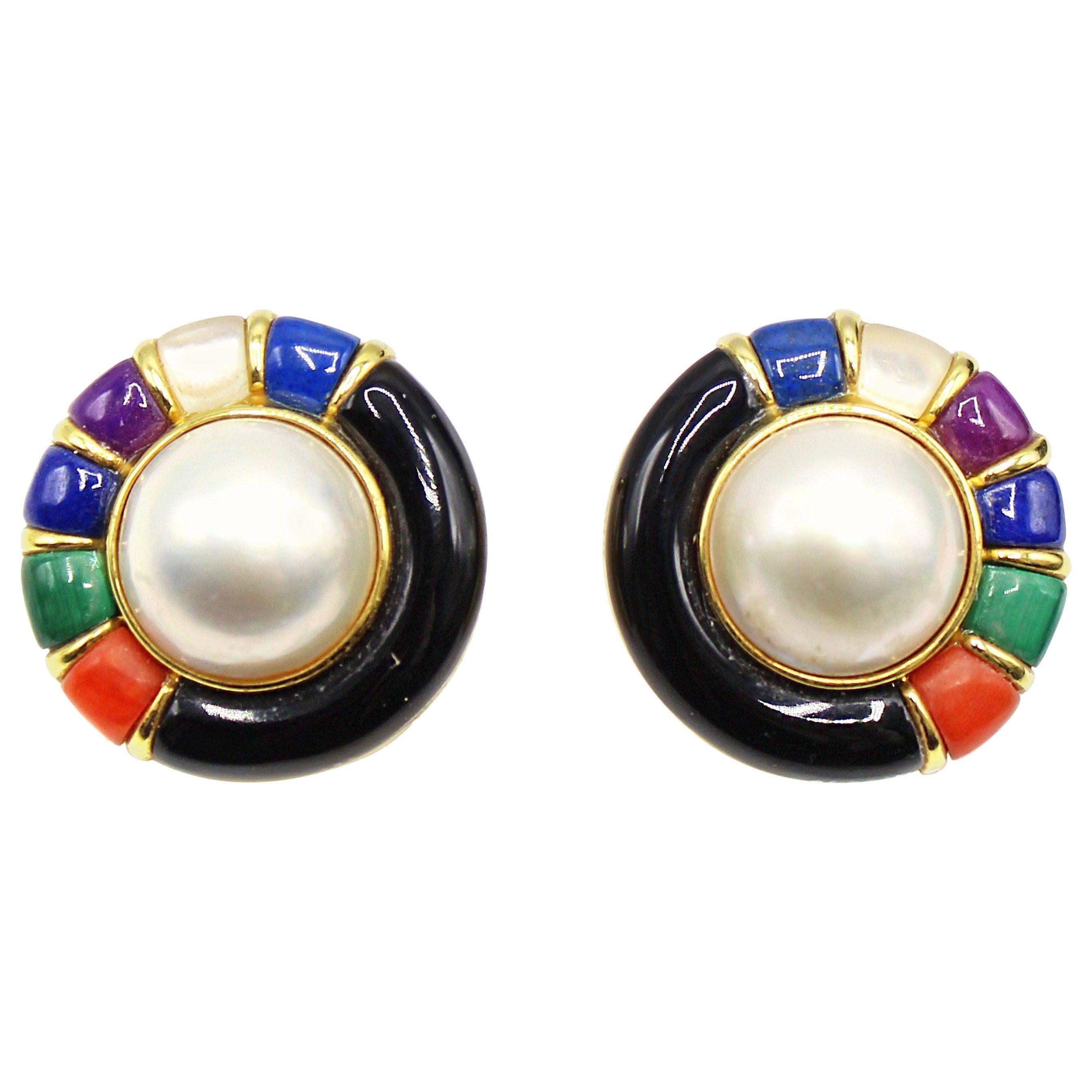1960s Mabe Pearl Multi Stone Round Yellow Gold Ear Clips