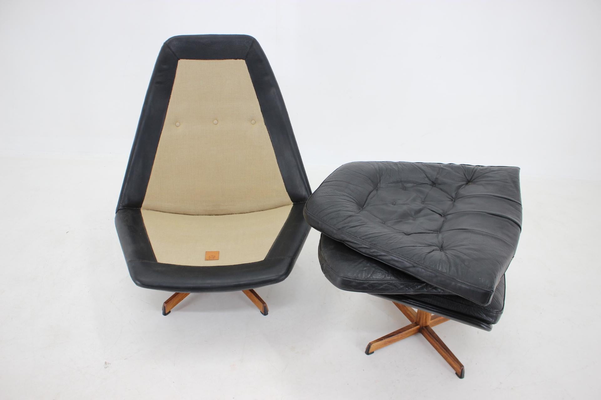 1960s Madsen and Schubell Black Leather Reclining Chair and Stool, Denmark 4